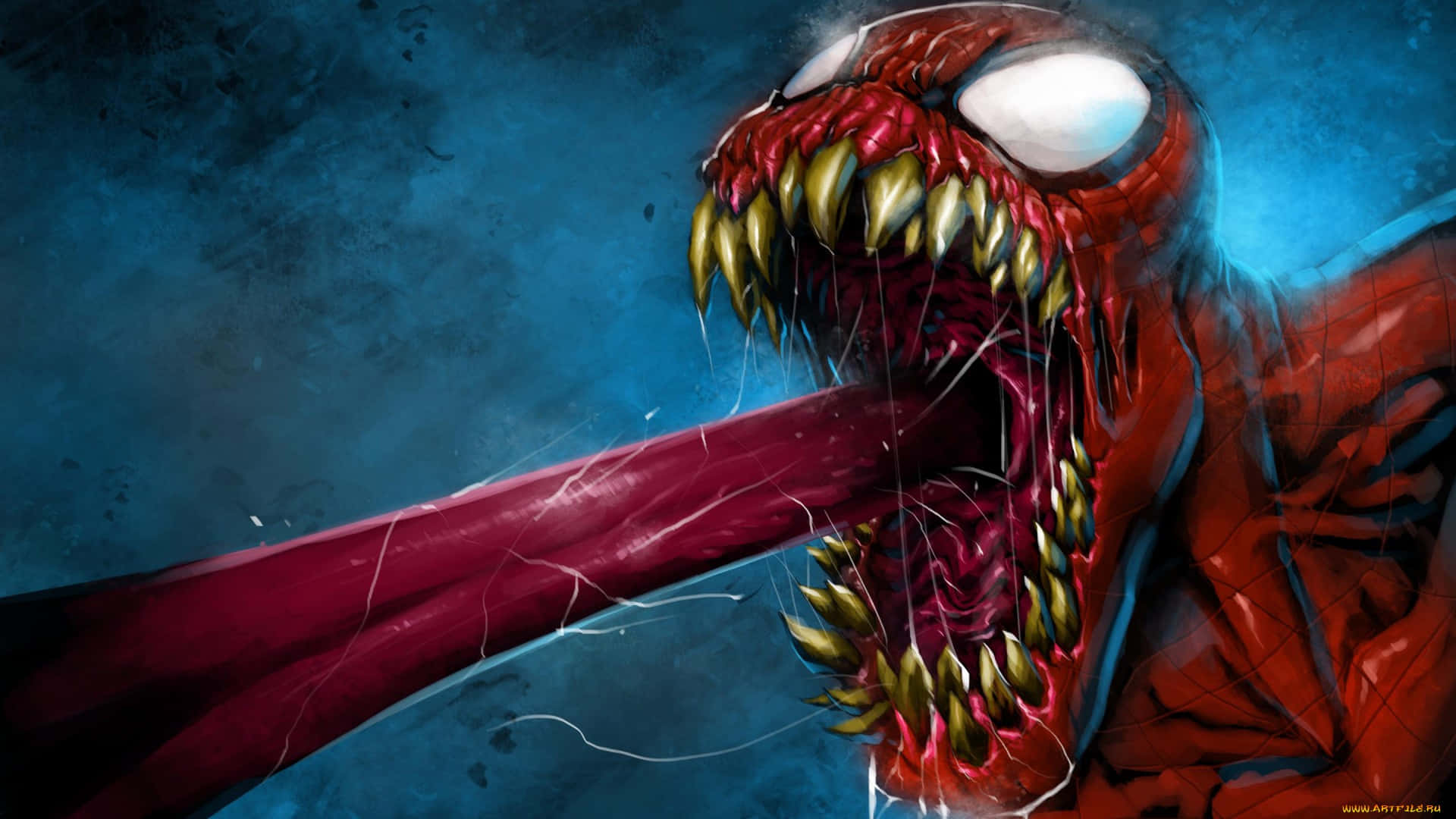 Carnage, red symbiote creature, sharp golden teeth, Full HD Desktop Wallpaper