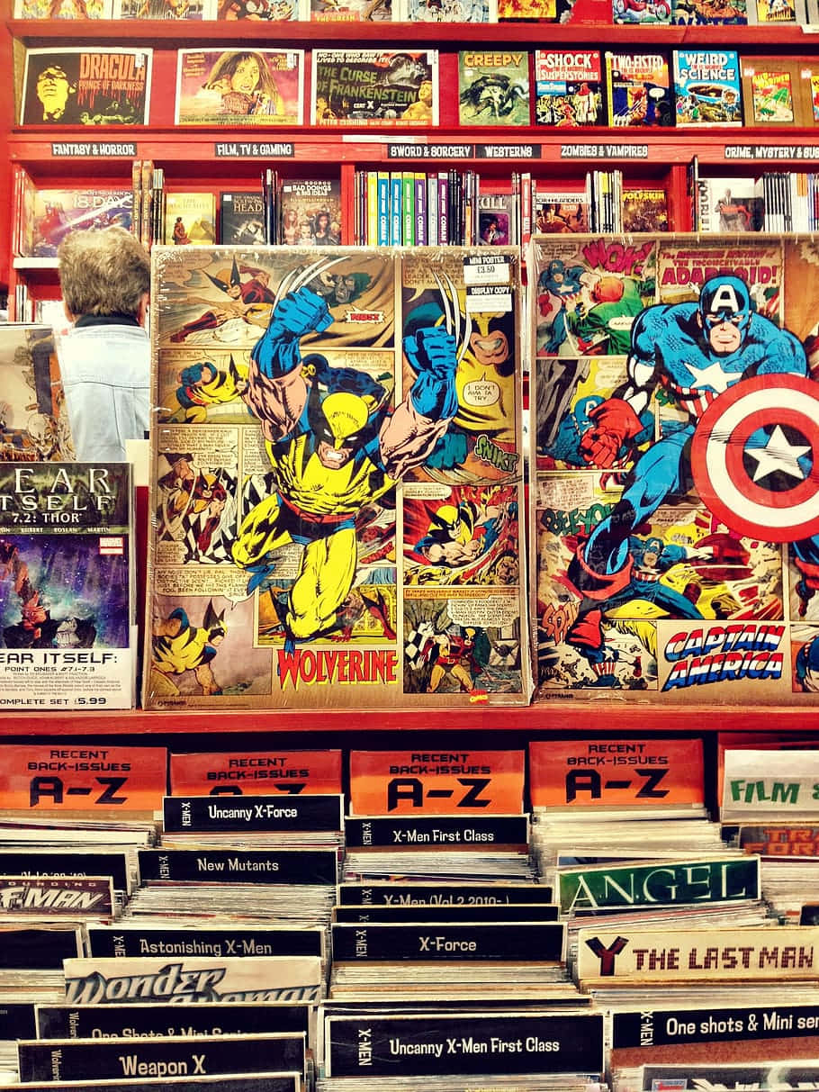 Marvel Comic Book, comic book store aisle, colorful superhero posters, SD Phone Wallpaper