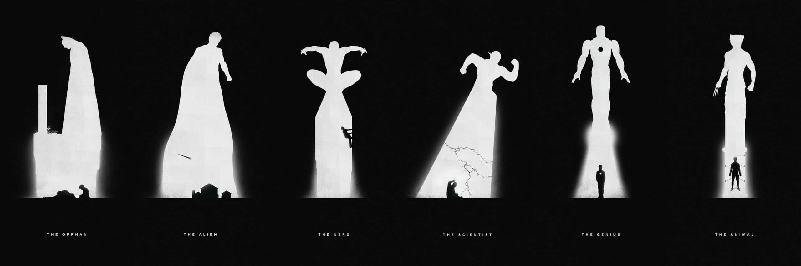 Marvel, black and white, silhouettes, 2K Desktop Wallpaper