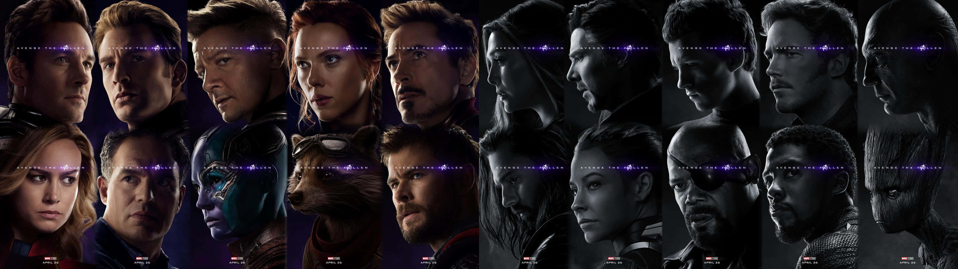 Marvel Dual Screen, superhero characters, glowing purple energy lines, 4K Desktop Wallpaper