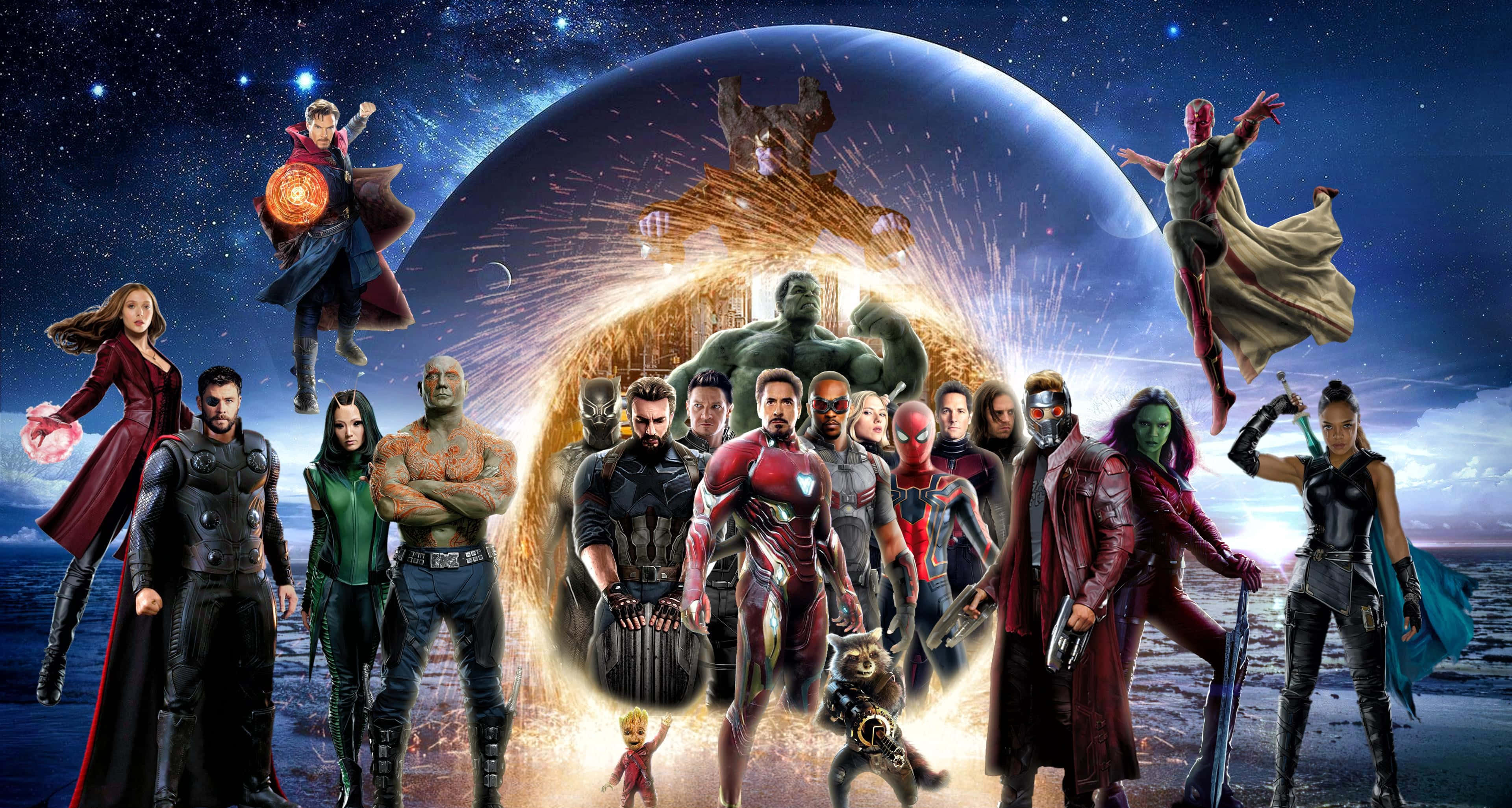Marvel, cosmic superhero ensemble, glowing planet, 4K Desktop Wallpaper