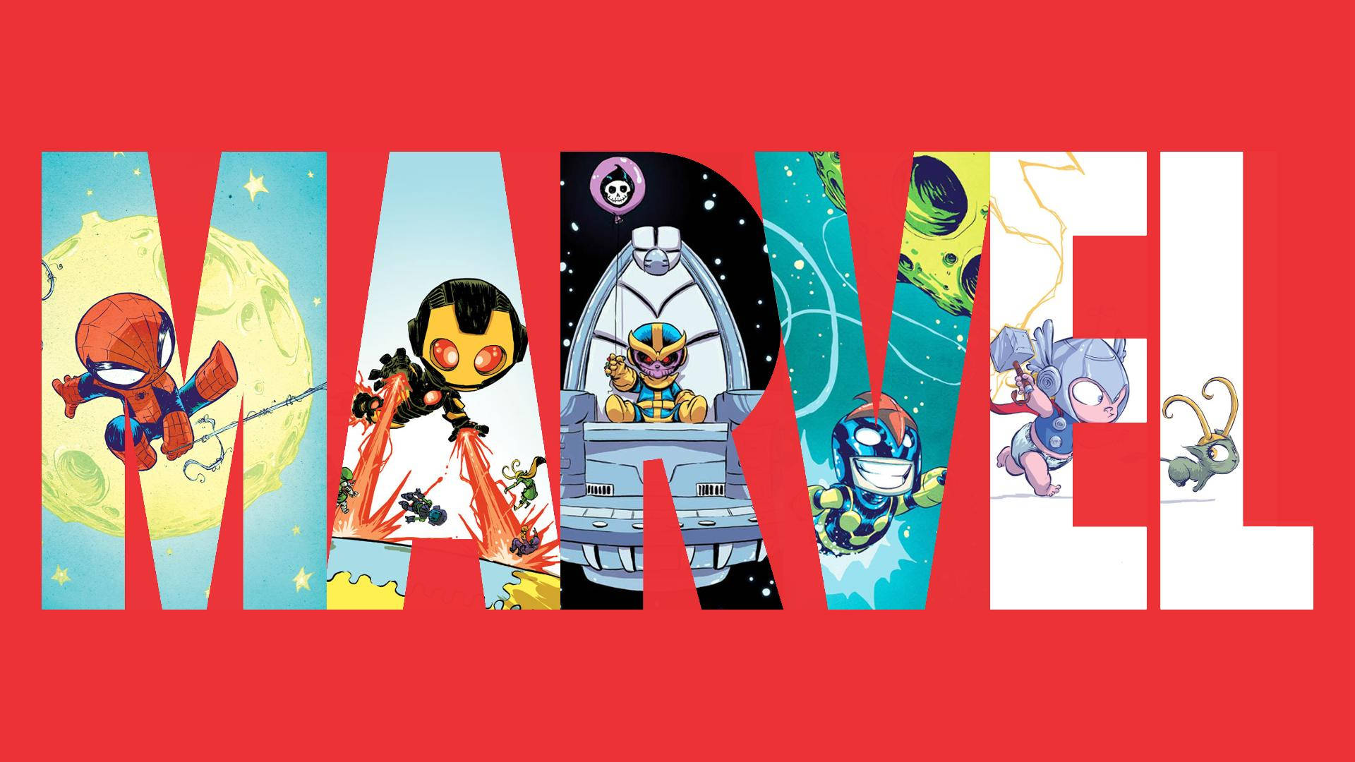 Marvel, chibi-style superhero, red background, Full HD Desktop Wallpaper