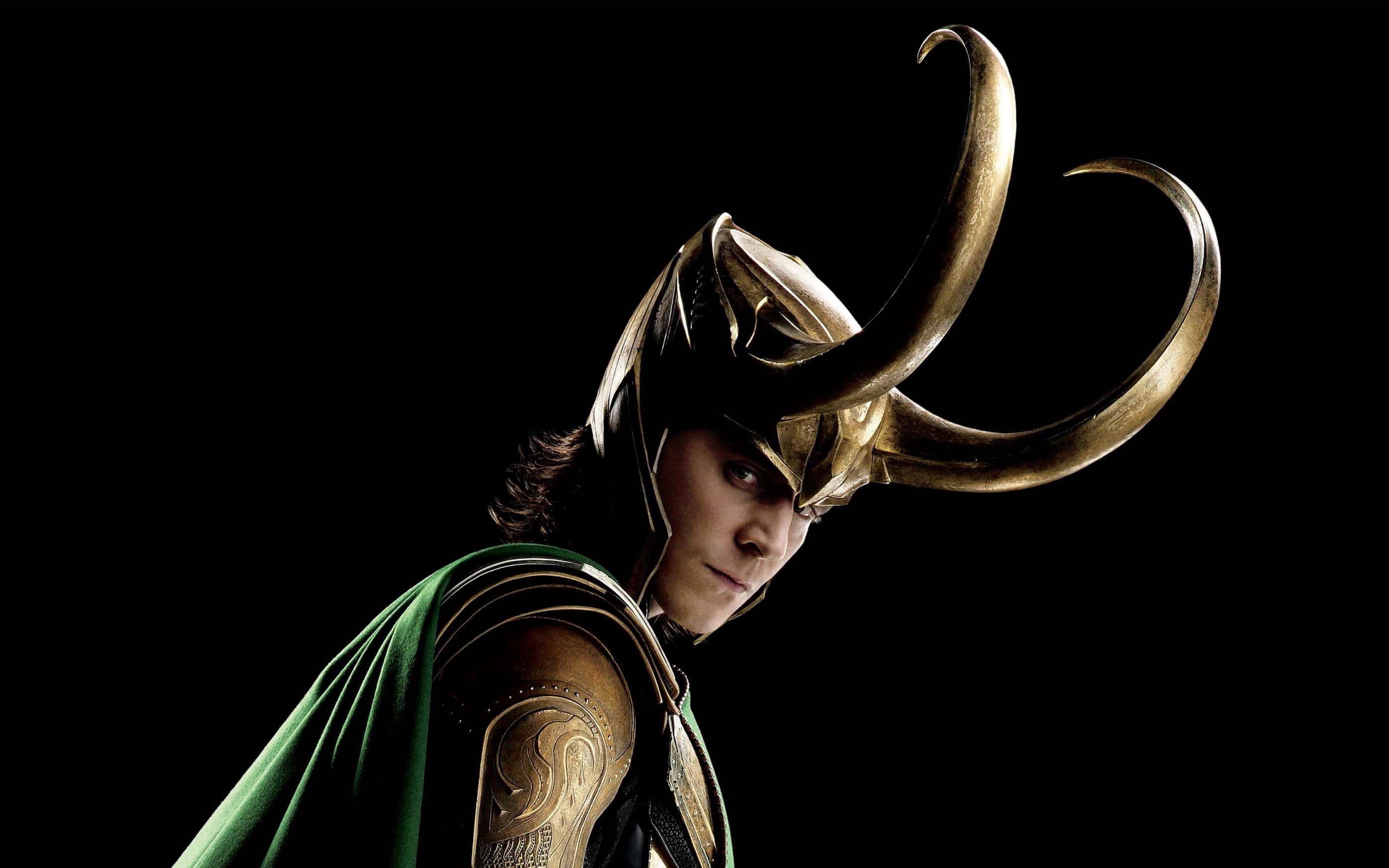 Loki, golden horned helmet, green cape, 2K Desktop Wallpaper