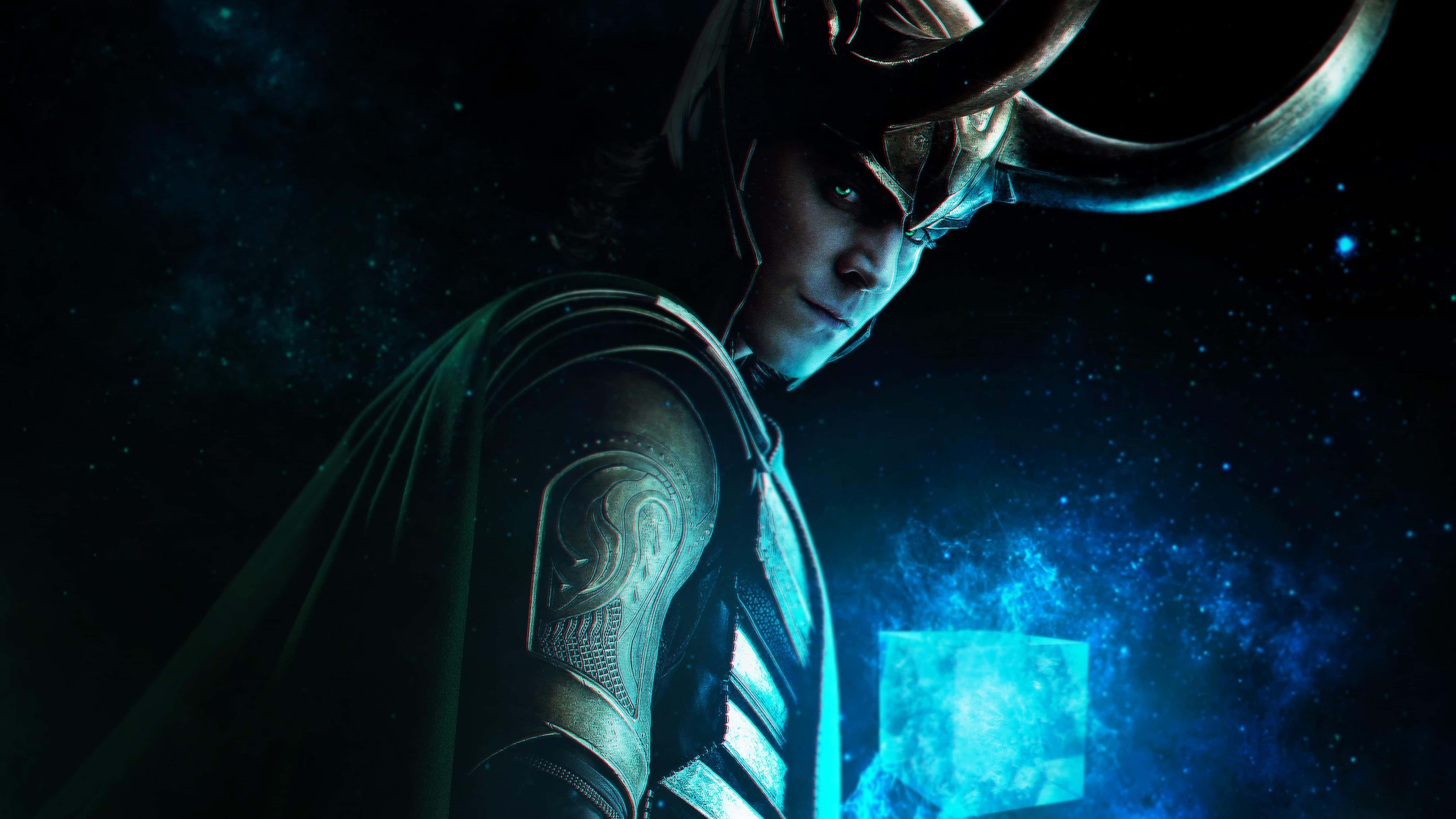 Marvel Loki, glowing blue cube, cosmic darkness, 5K Desktop Wallpaper