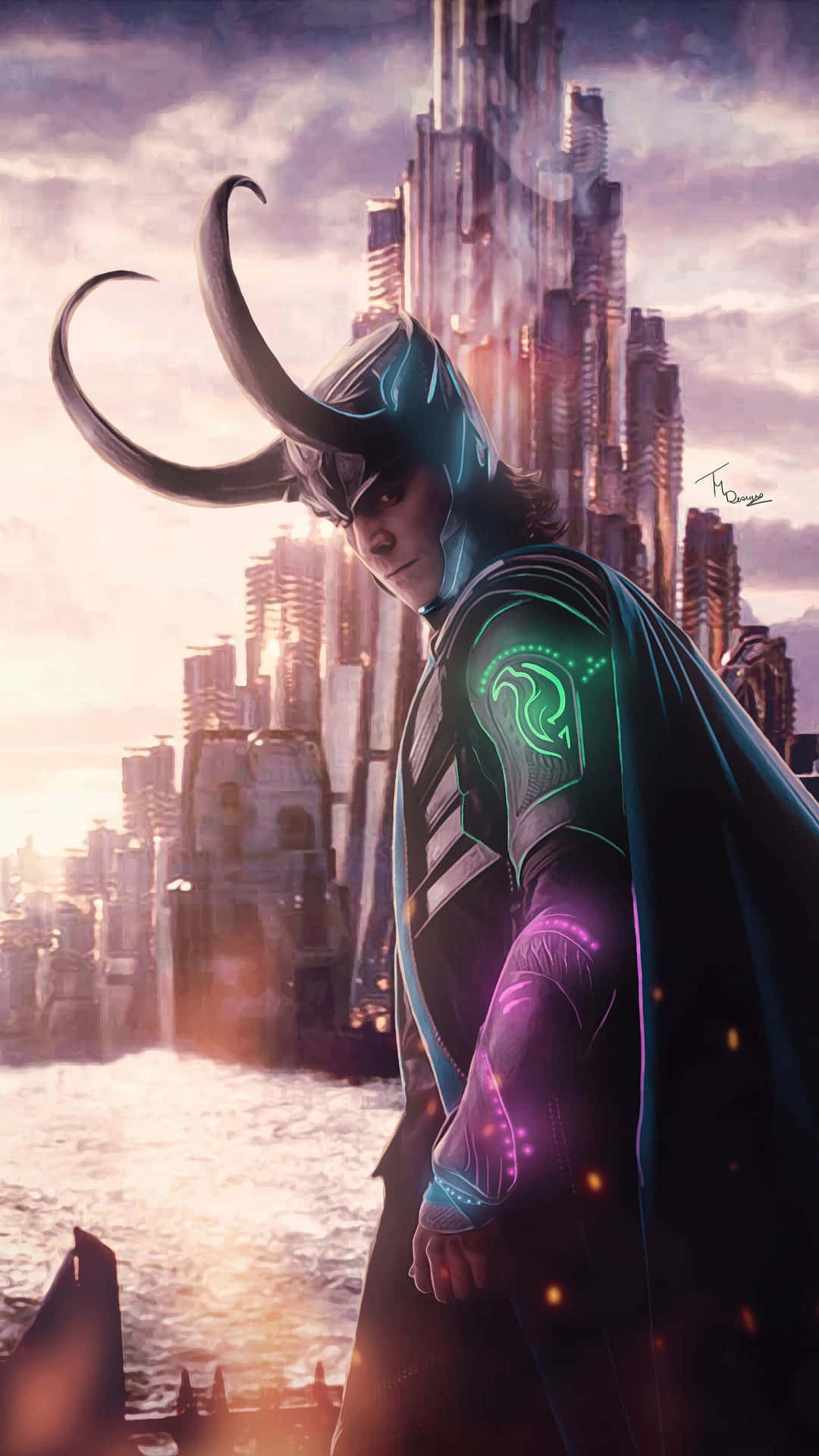 Marvel Loki, Loki, futuristic cityscape, Full HD Phone Wallpaper