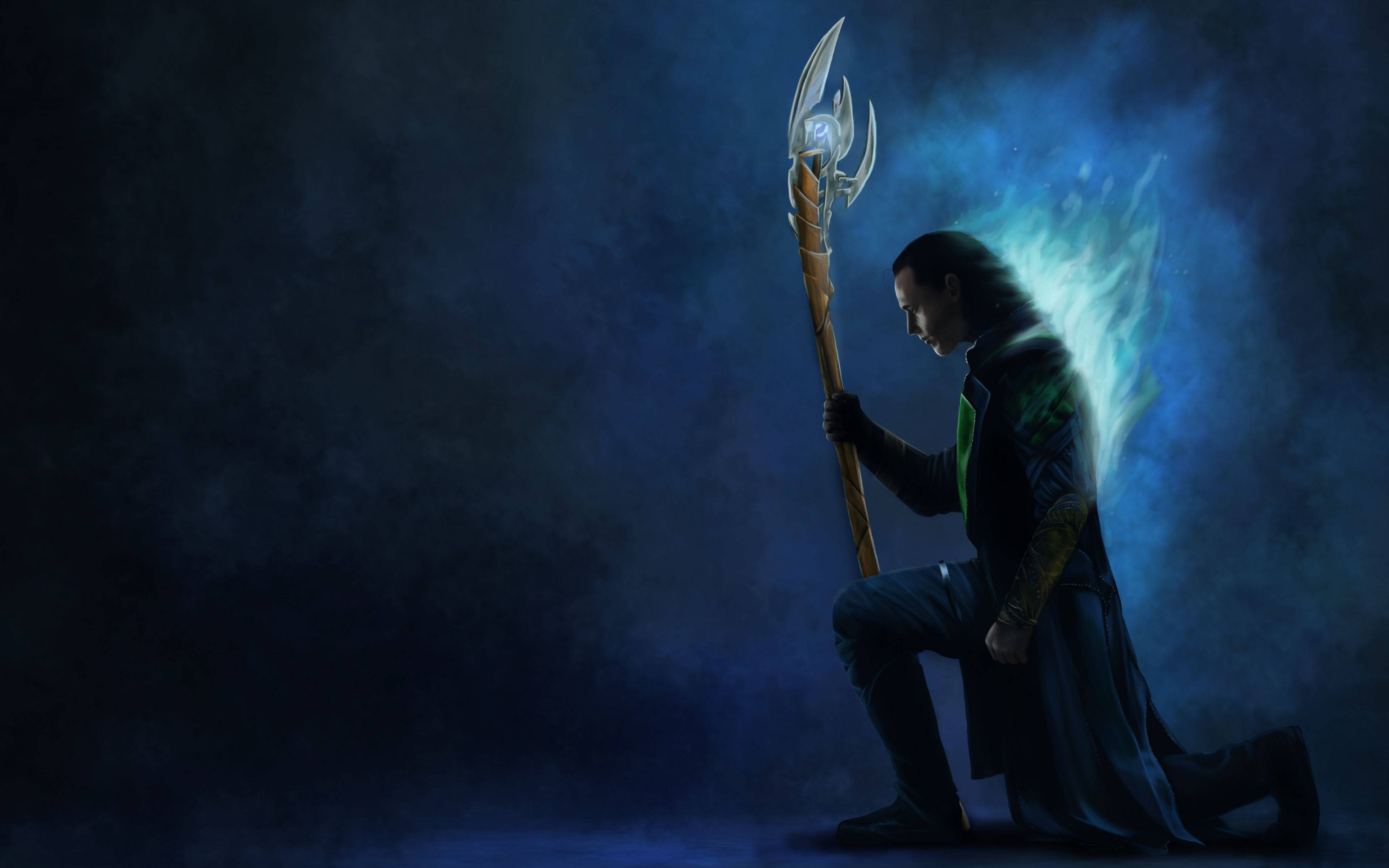 Loki, enchanting staff, dark robes, 4K Desktop Wallpaper