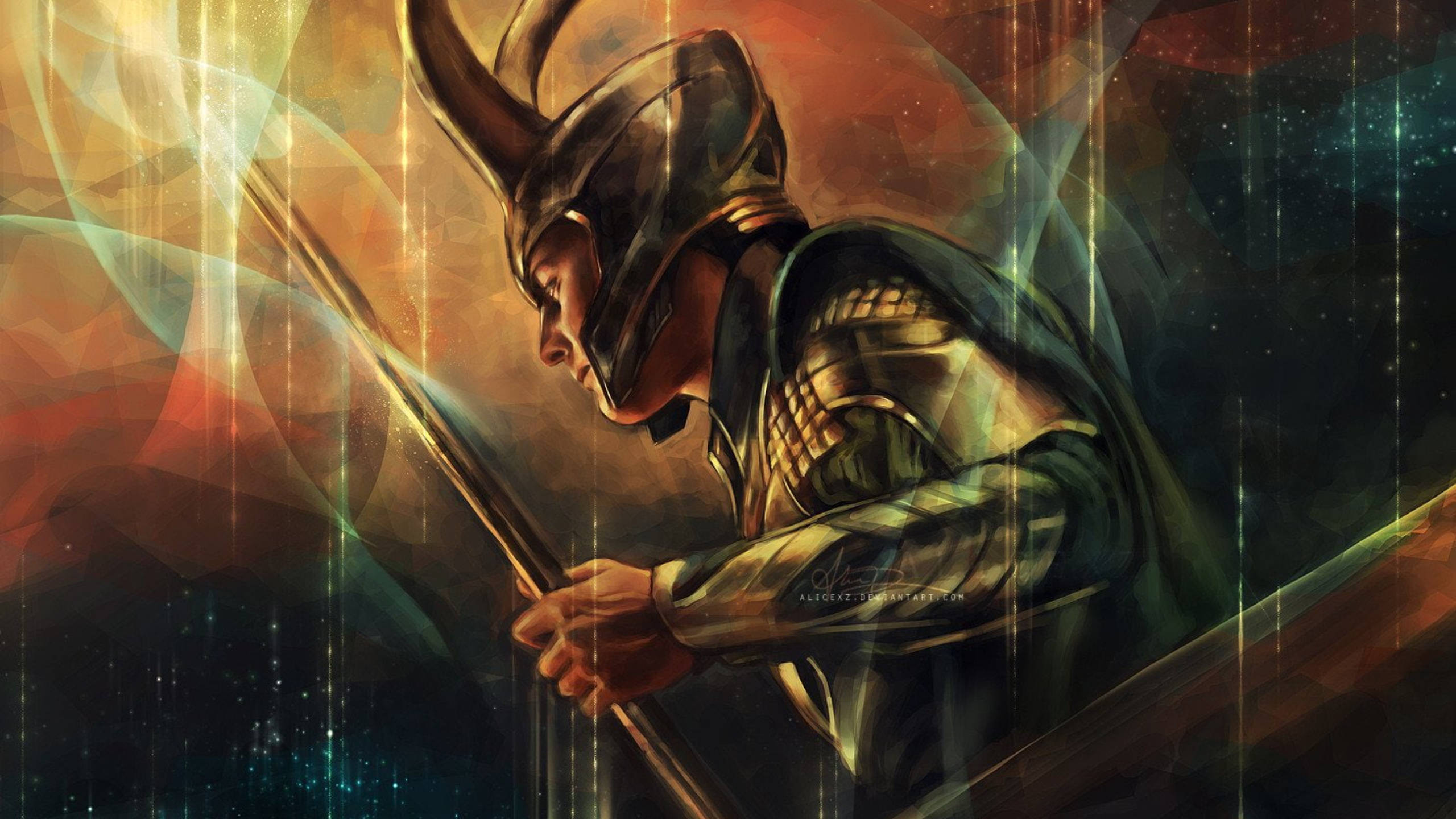 Loki, ornate armor, staff, 2K Desktop Wallpaper