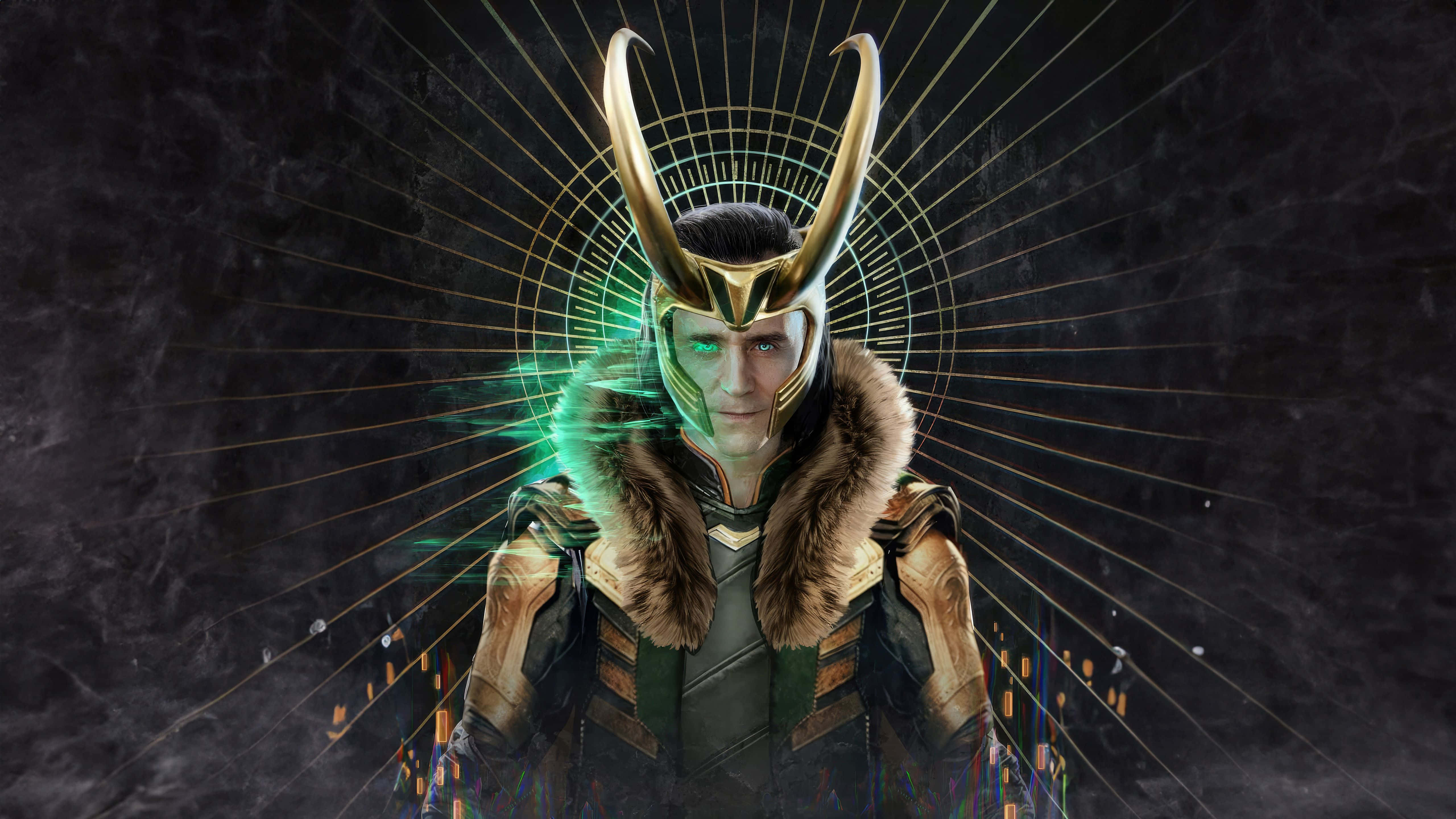 Loki, horned helmet, glowing green eyes, 5K Desktop Wallpaper