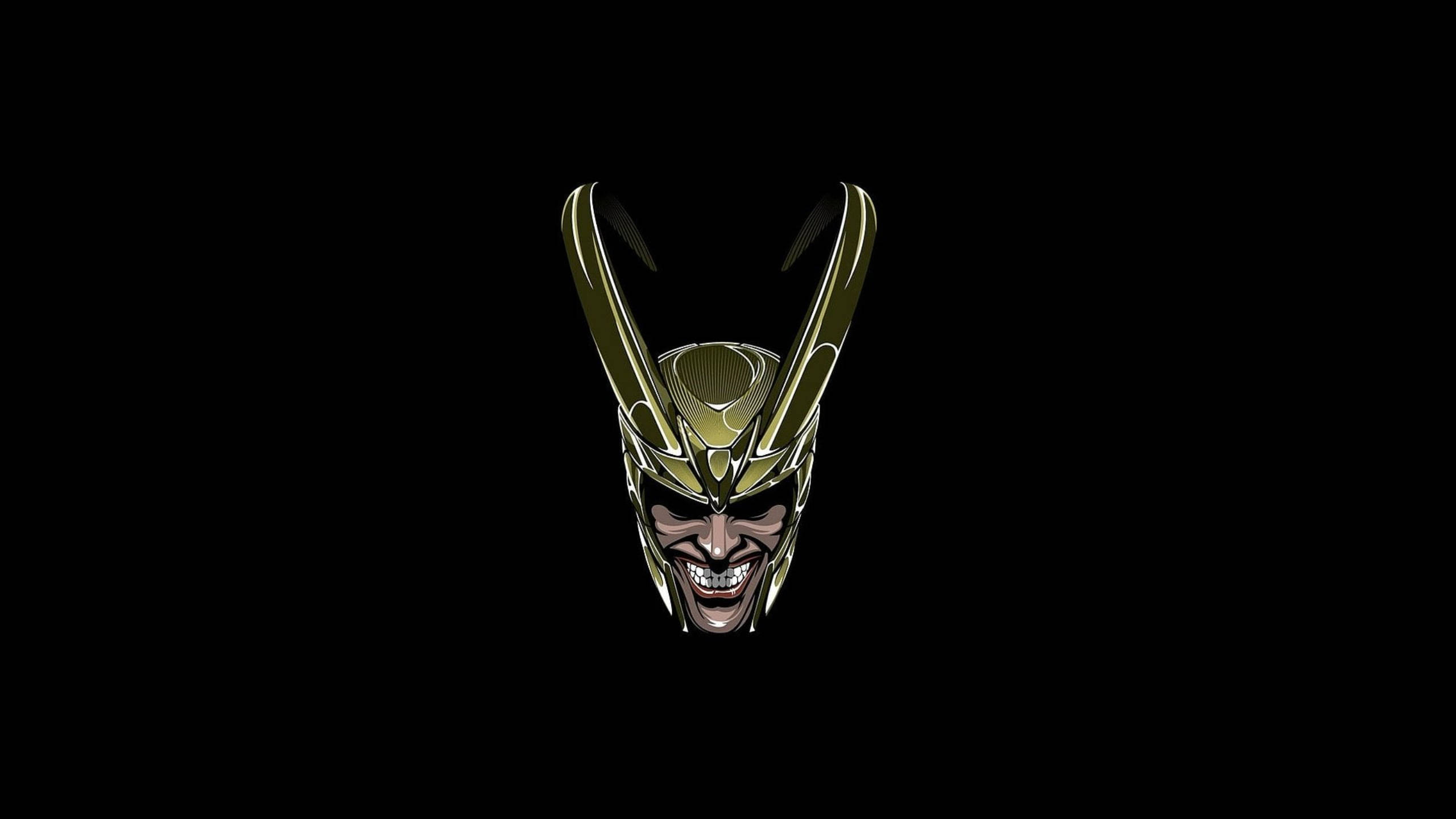 Loki, helmeted face, sharp horns, 2K Desktop Wallpaper