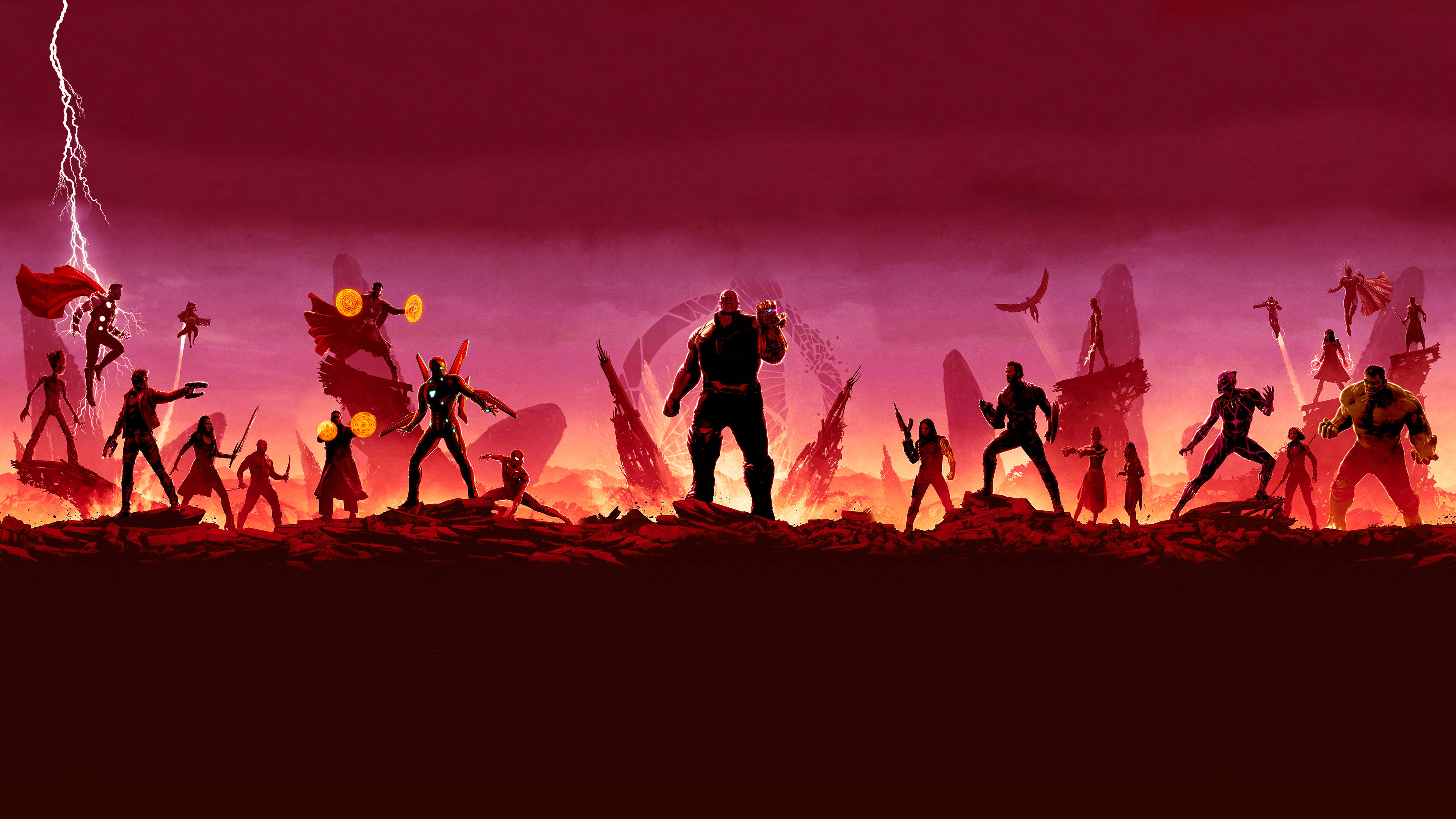 Marvel Minimalist, silhouetted superheroes, silhouetted villains, 4K Desktop Wallpaper