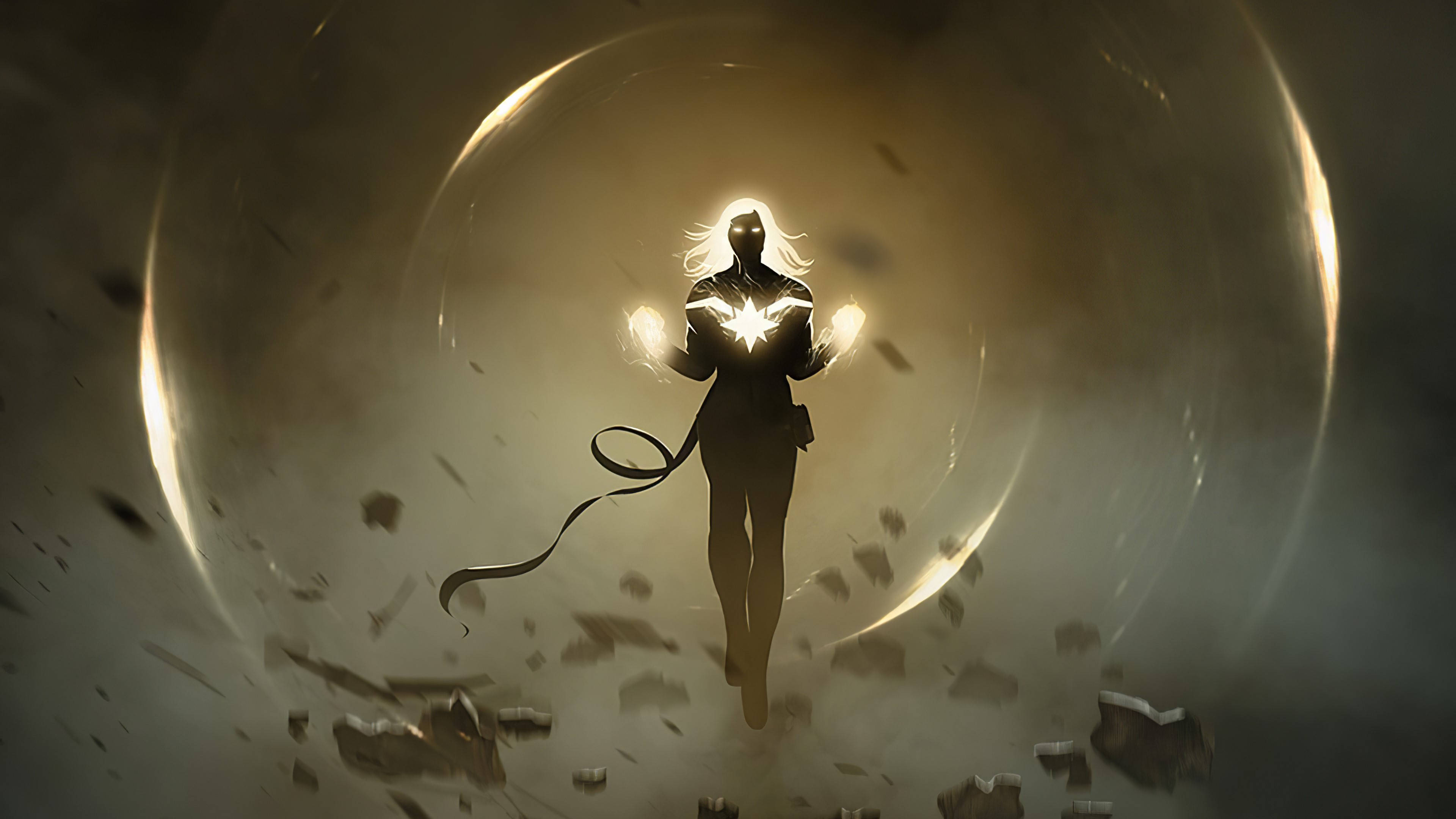 Marvel Minimalist, glowing superheroine, white hair, 4K Desktop Wallpaper