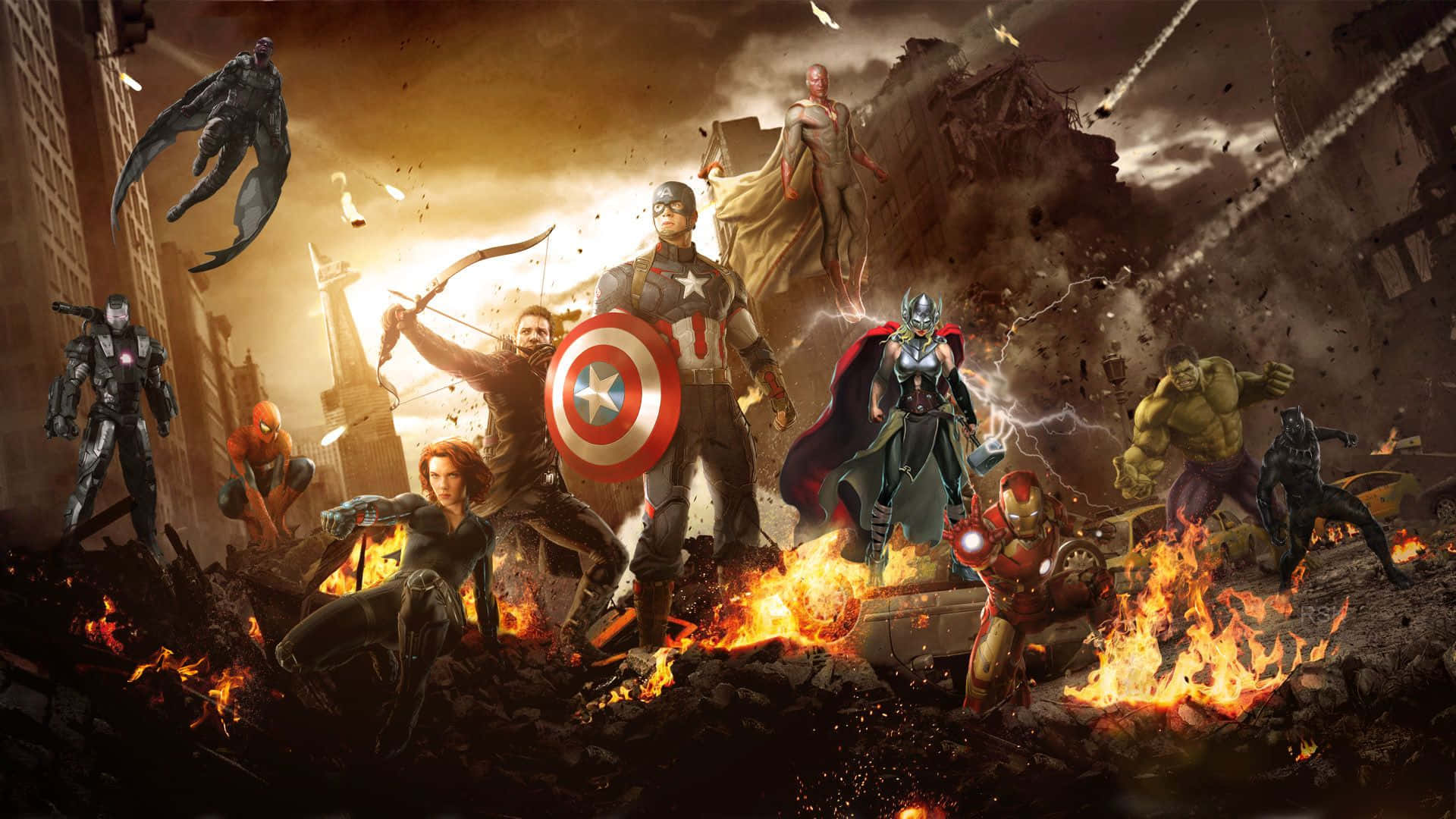 Marvel Movie, superheroes, fiery ruins, Full HD Desktop Wallpaper