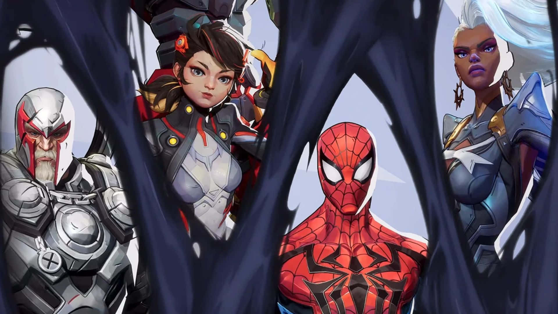 Marvel Rivals, comic book heroes, dark web-like strands, Full HD Desktop Wallpaper