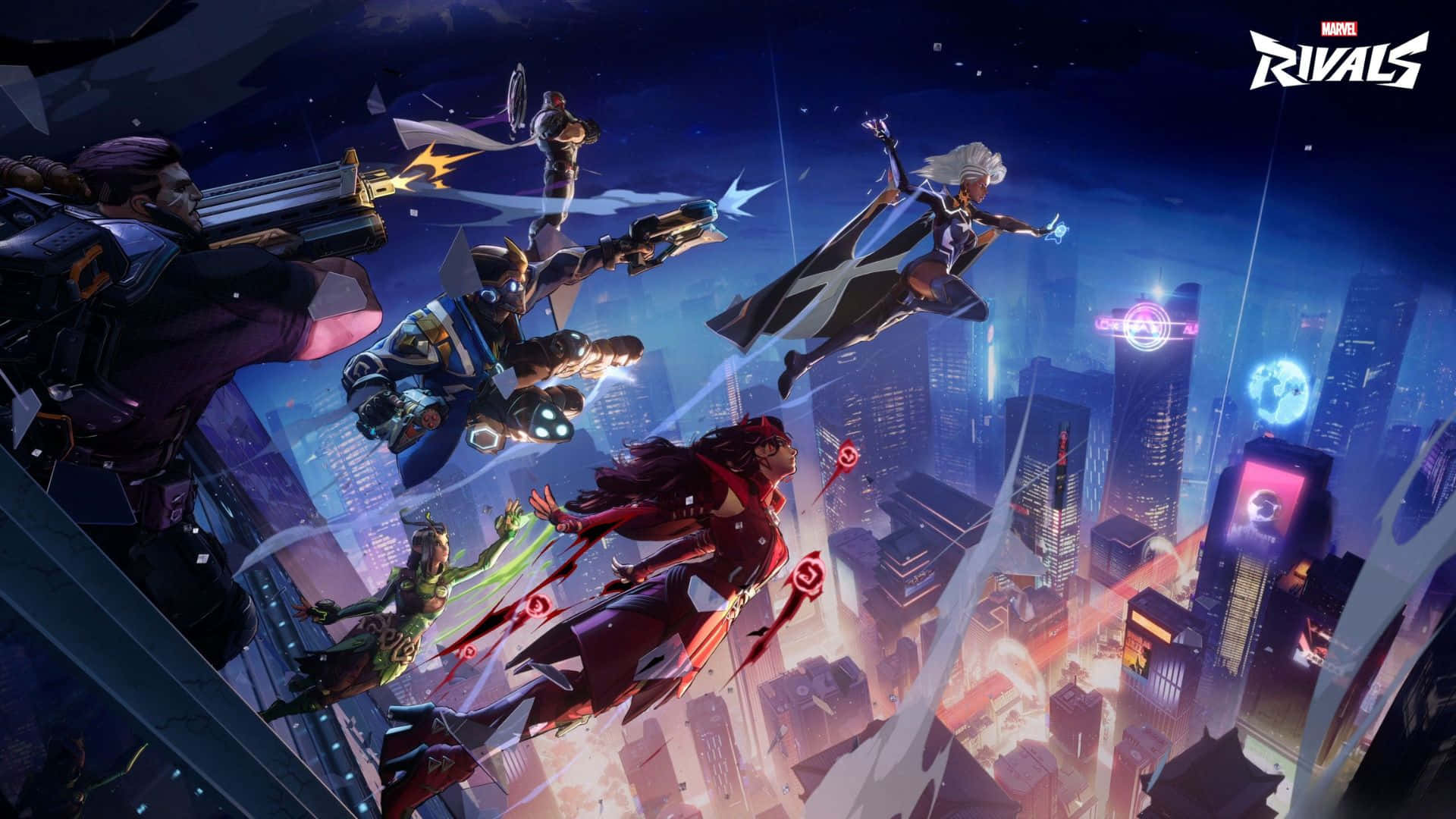 Marvel Rivals, neon-lit cityscape, energy weapons, Full HD Desktop Wallpaper