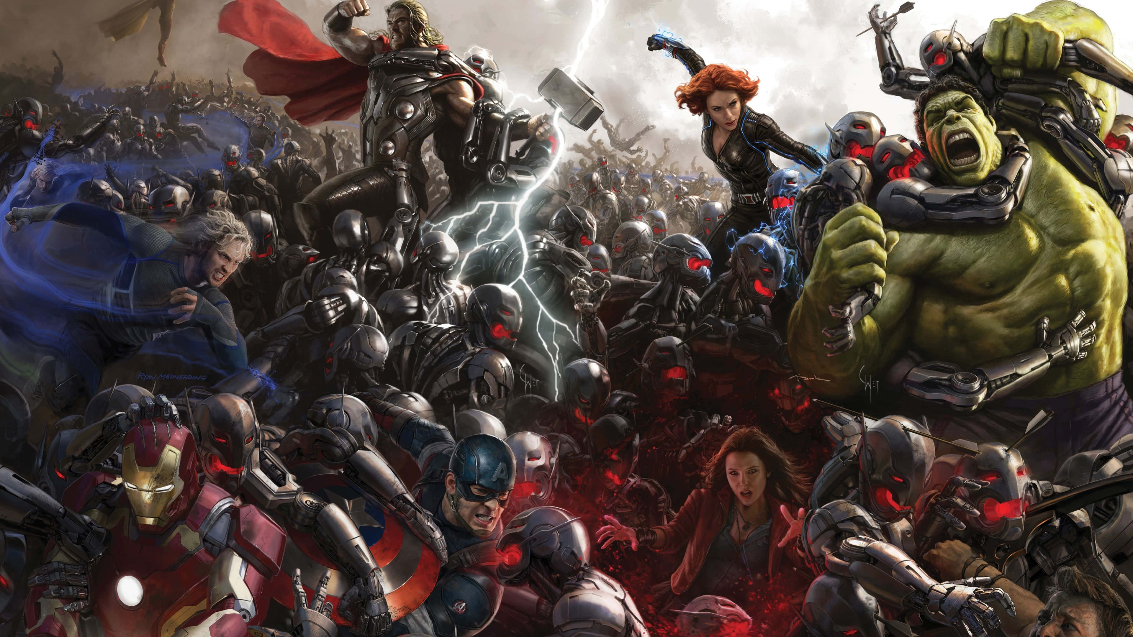 Marvel Universe, superheroes, robotic enemies, 4K Desktop Wallpaper