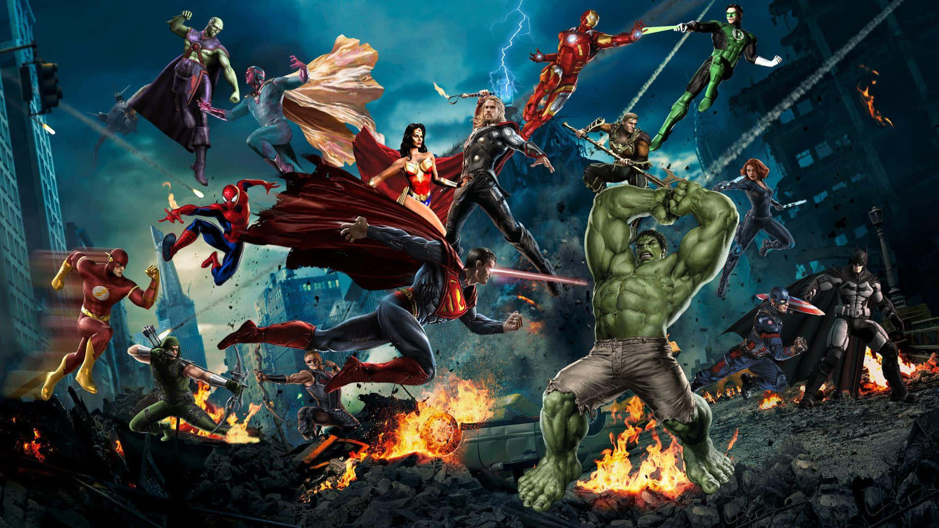 Marvel Universe, superheroes, fiery urban ruin, Full HD Desktop Wallpaper