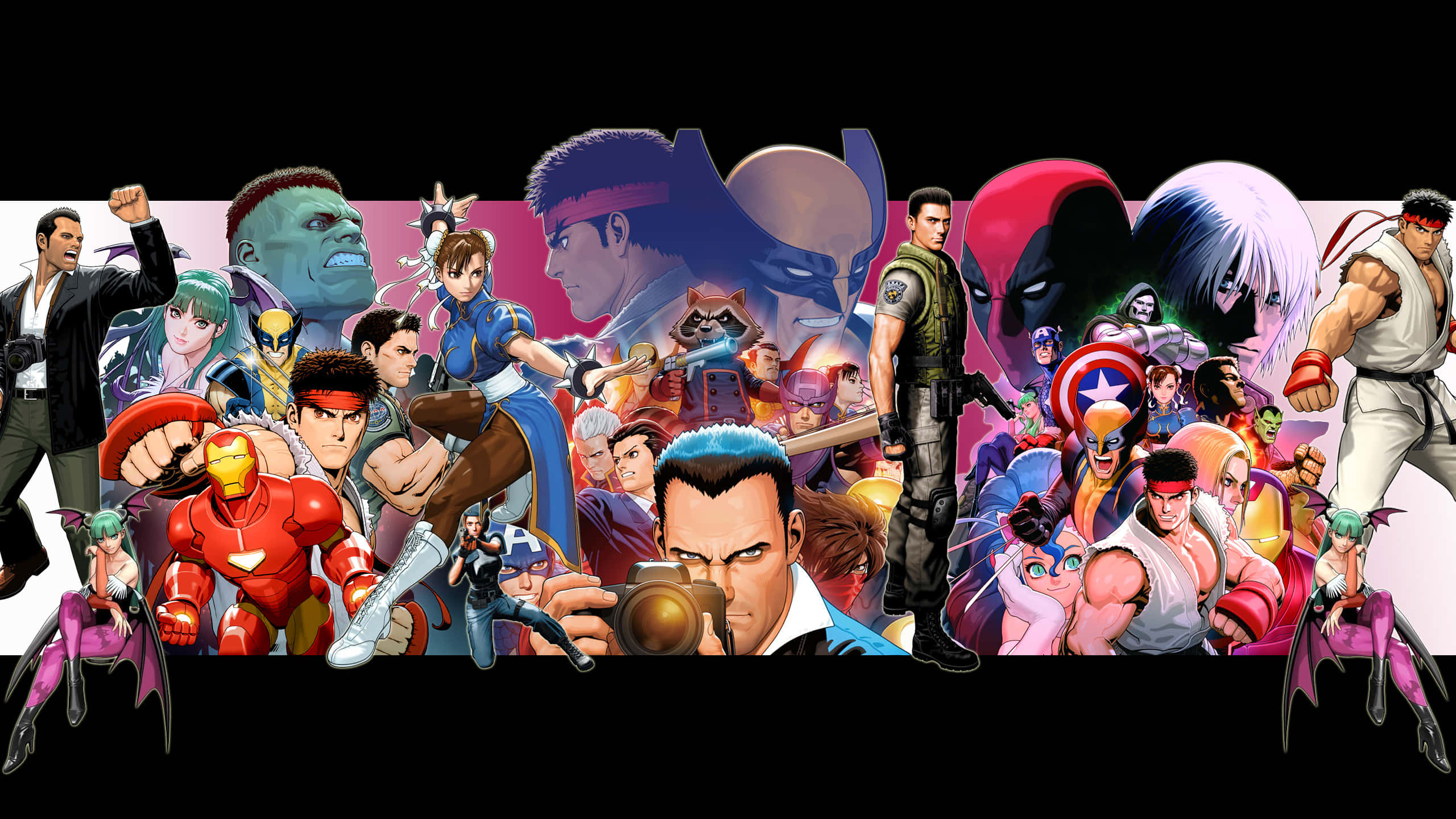 Marvel Vs Capcom Characters, black background, vibrant collage, 2K Desktop Wallpaper