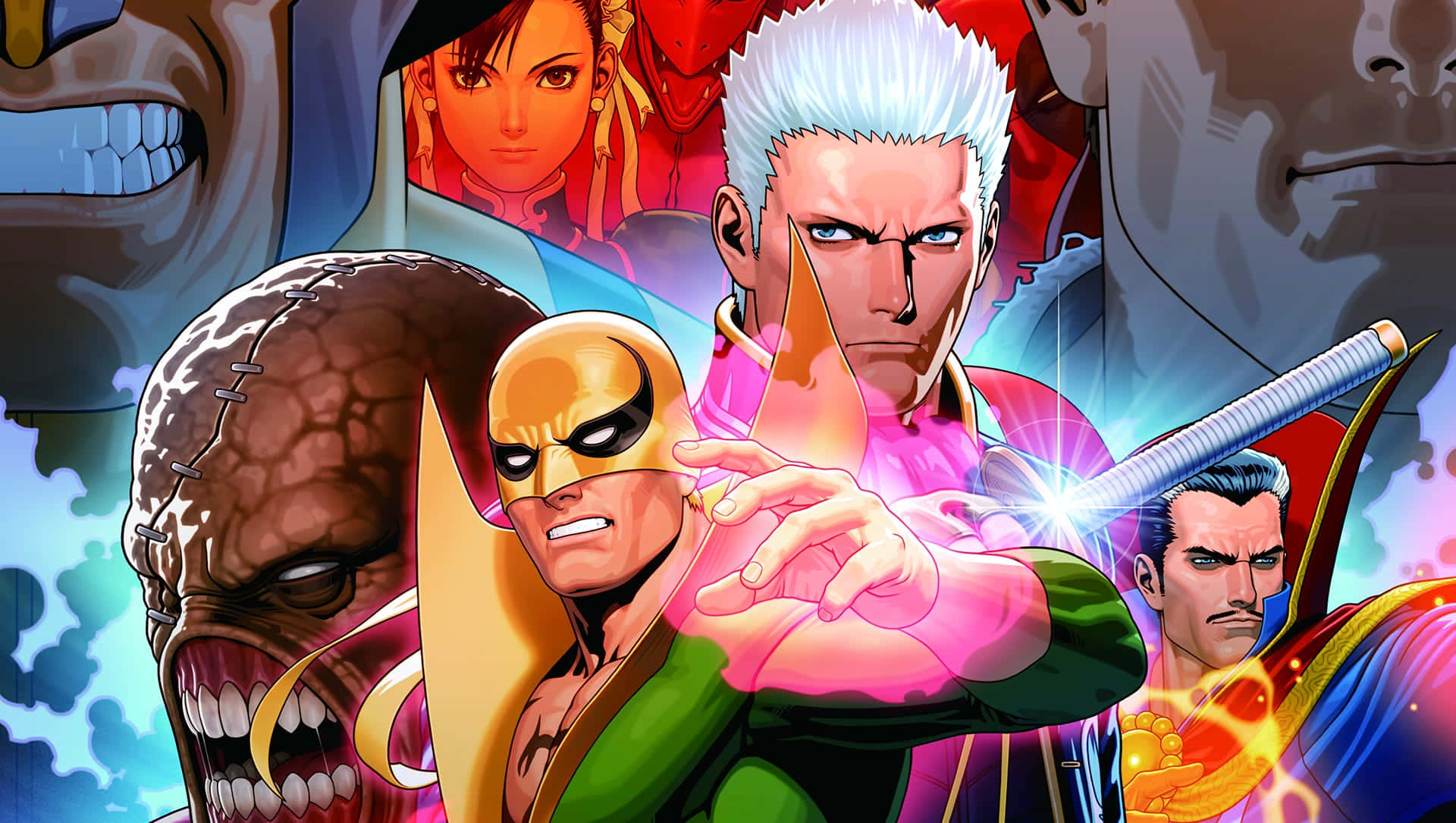 Marvel Vs Capcom, anime-style fighters, glowing energy effects, Full HD Desktop Wallpaper
