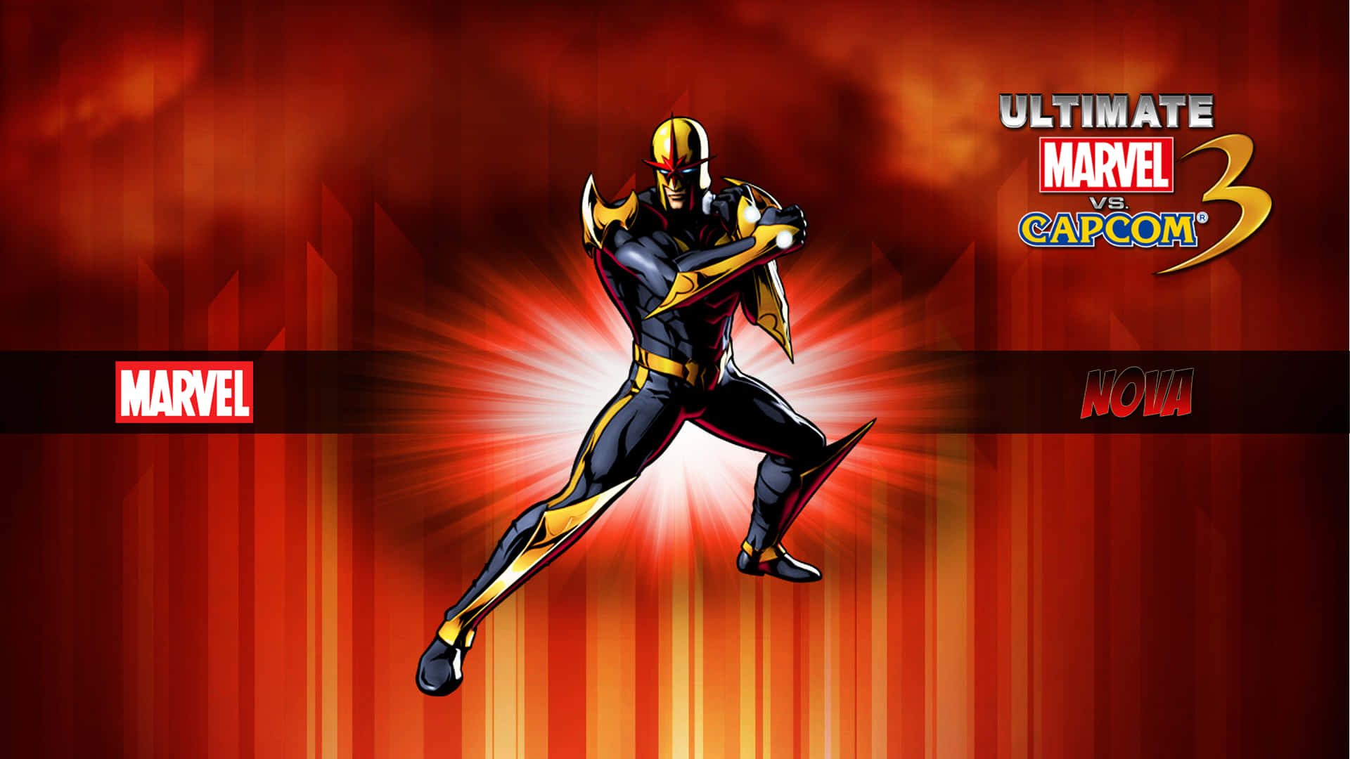 Marvel Vs Capcom, golden and black armored superhero, radiant red and orange striped background, Full HD Desktop Wallpaper