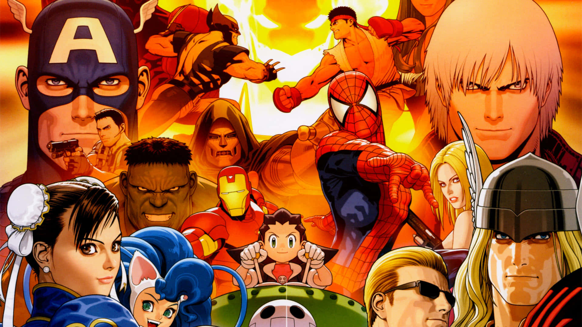 Marvel vs Capcom, anime-style, iconic comic book and video game heroes, Full HD Desktop Wallpaper