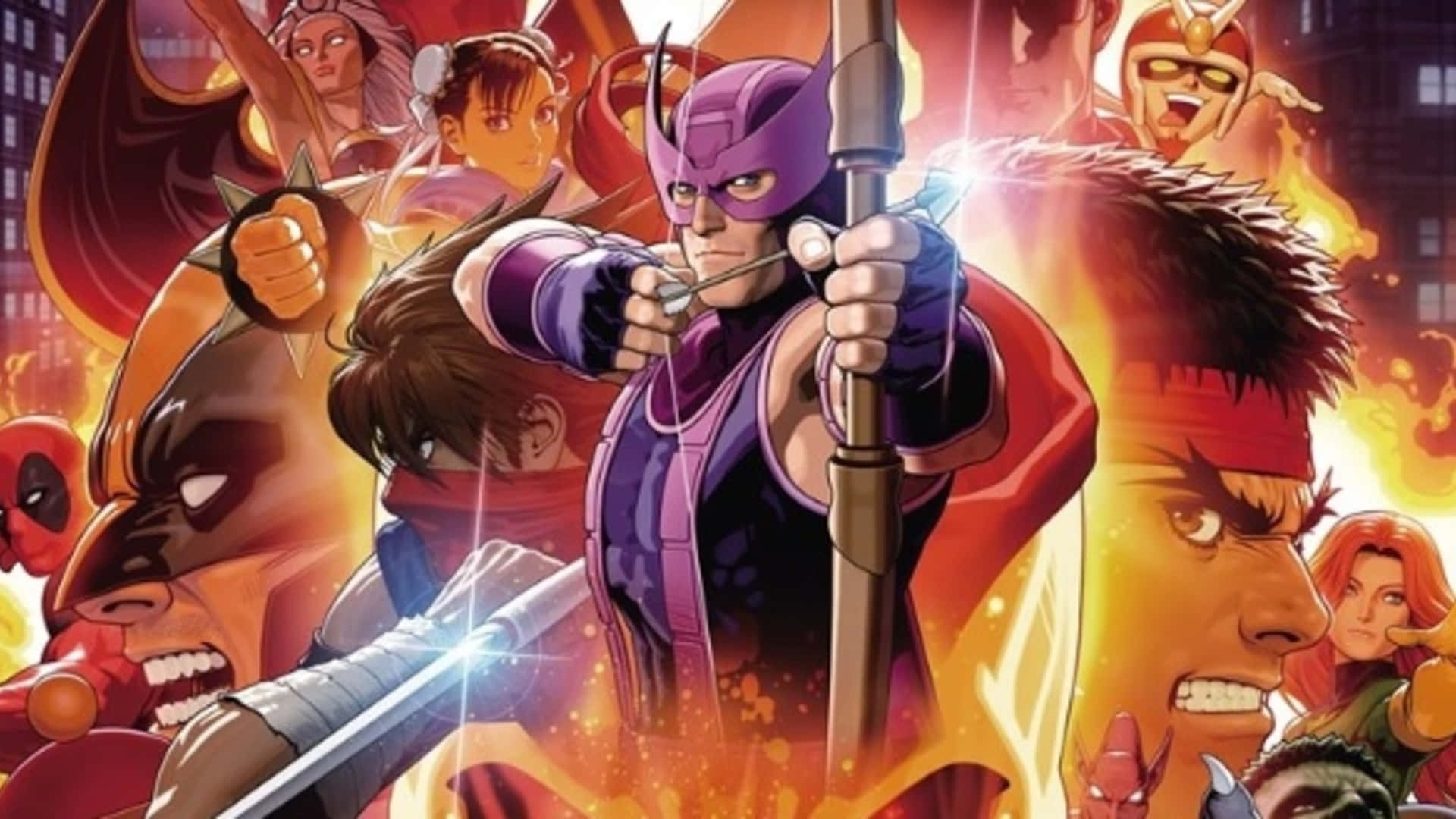 Marvel Vs Capcom, comic book heroes, fiery urban backdrop, Full HD Desktop Wallpaper