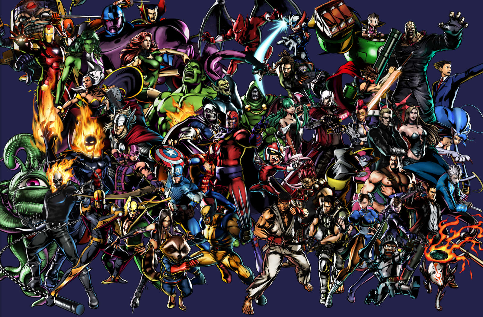 Marvel Vs Capcom, dark purple background, iconic comic book heroes, HD Desktop Wallpaper