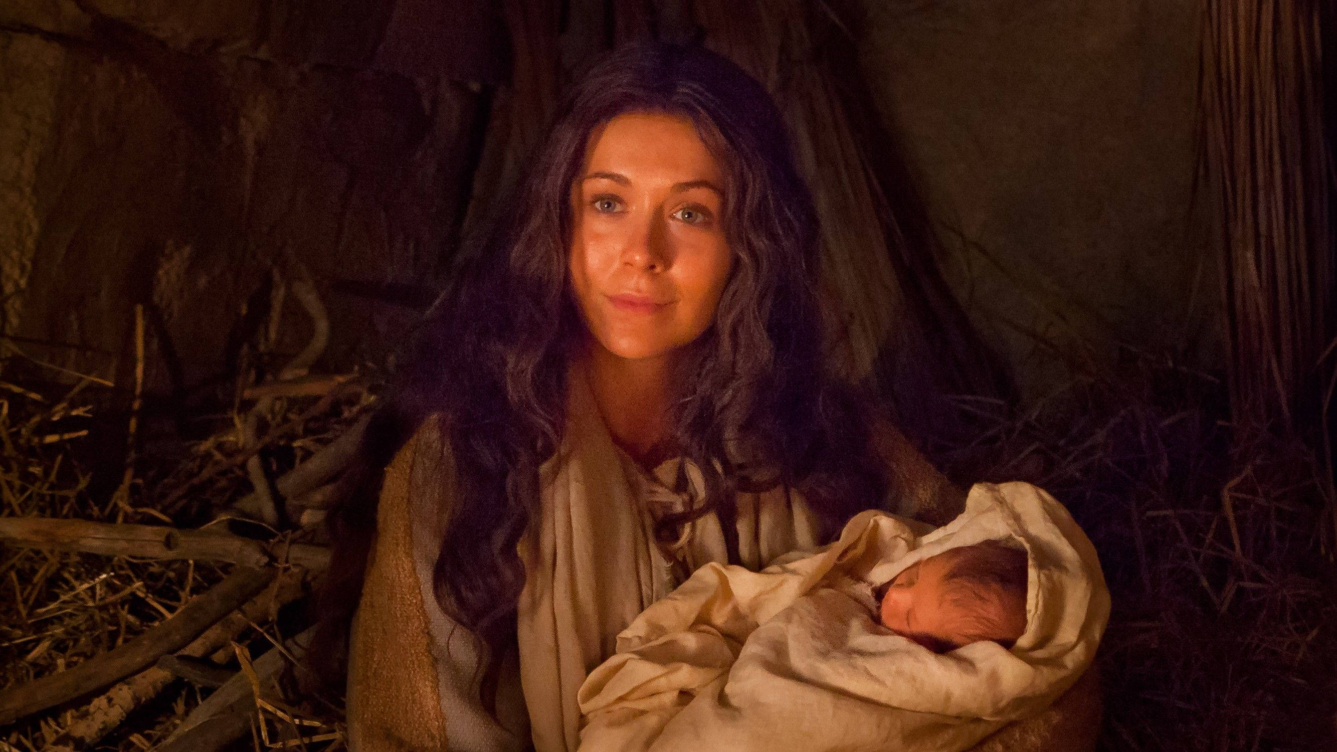 Mary And Jesus, long dark hair, swaddled newborn, 2K Desktop Wallpaper