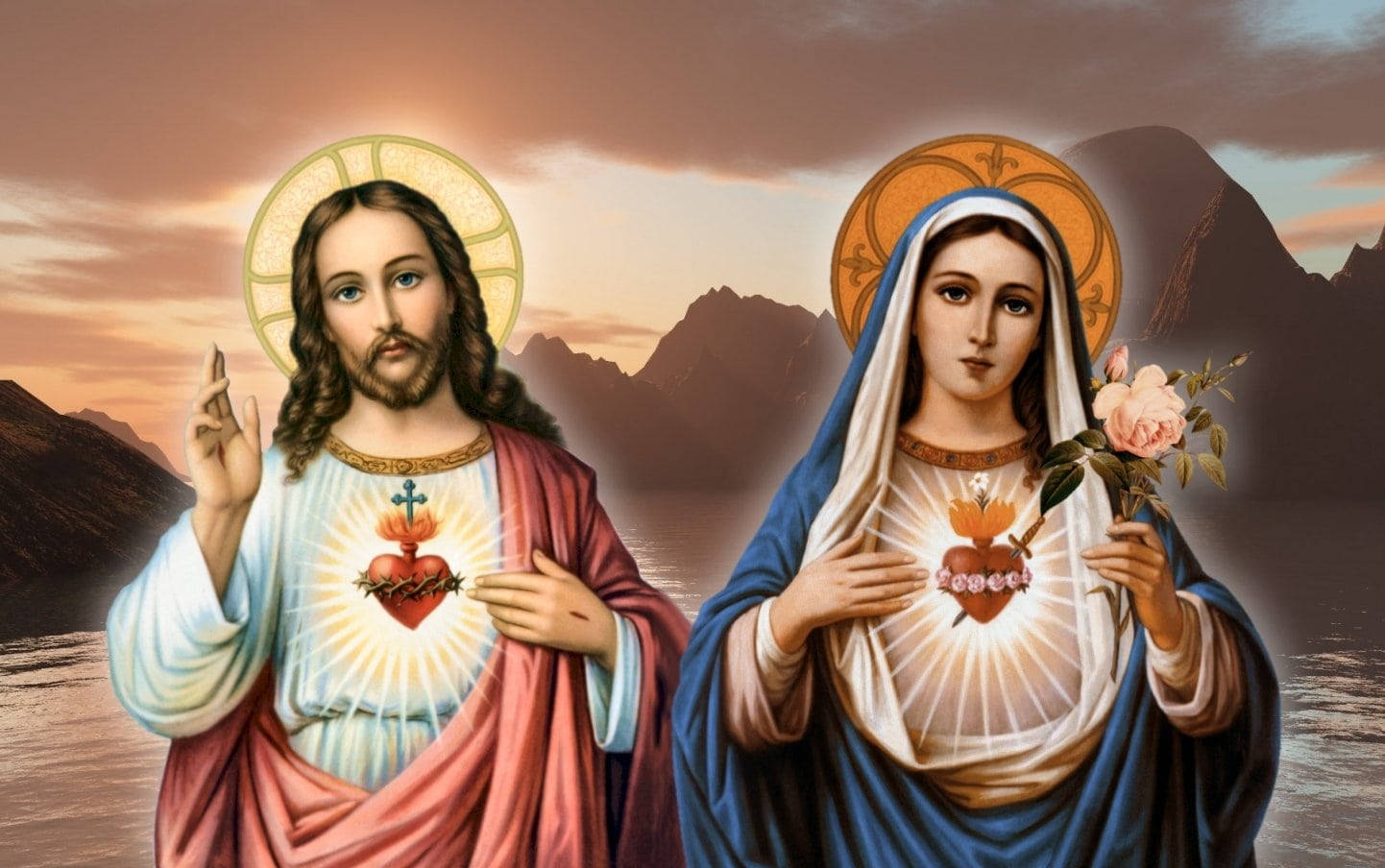Hearts Of Mary And Jesus, radiant halos, sacred hearts, HD Desktop Wallpaper