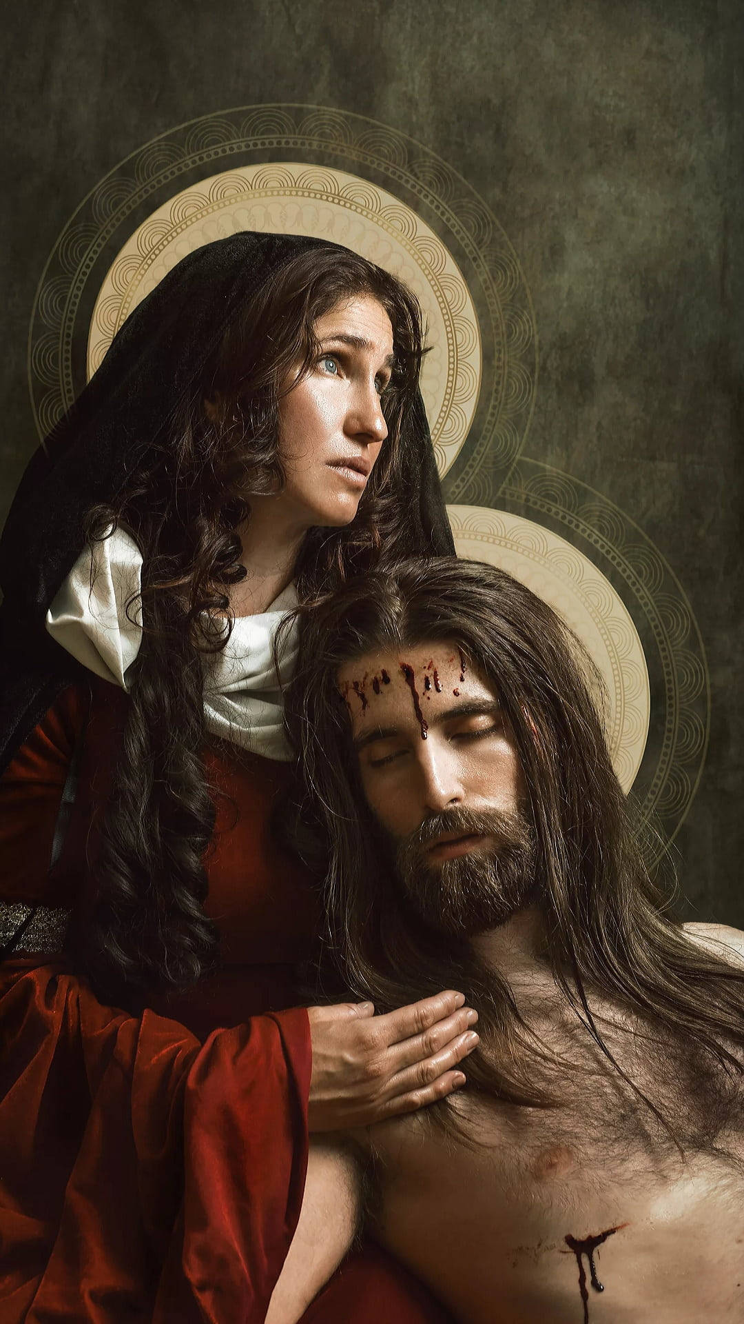 Mary And Jesus, red robes, bloodied man, Full HD Phone Wallpaper