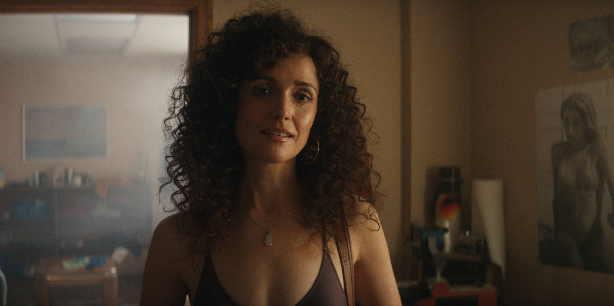 Mary Elizabeth Mastrantonio, voluminous curly hair, warmly lit, 2K Desktop Wallpaper