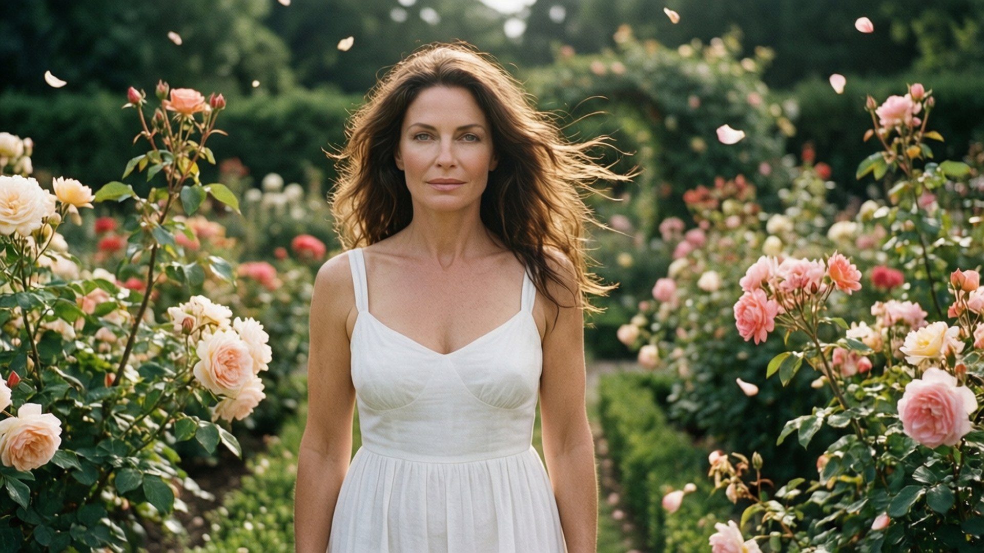 Mary Elizabeth Mastrantonio, romantic garden, white sundress, Full HD Desktop Wallpaper