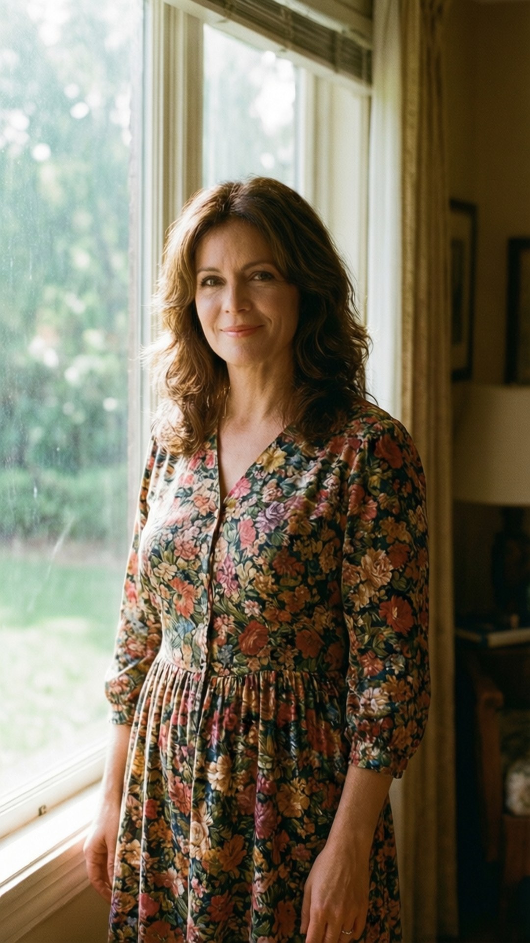 Mary Elizabeth Mastrantonio, floral dress, soft window light, Full HD Phone Wallpaper