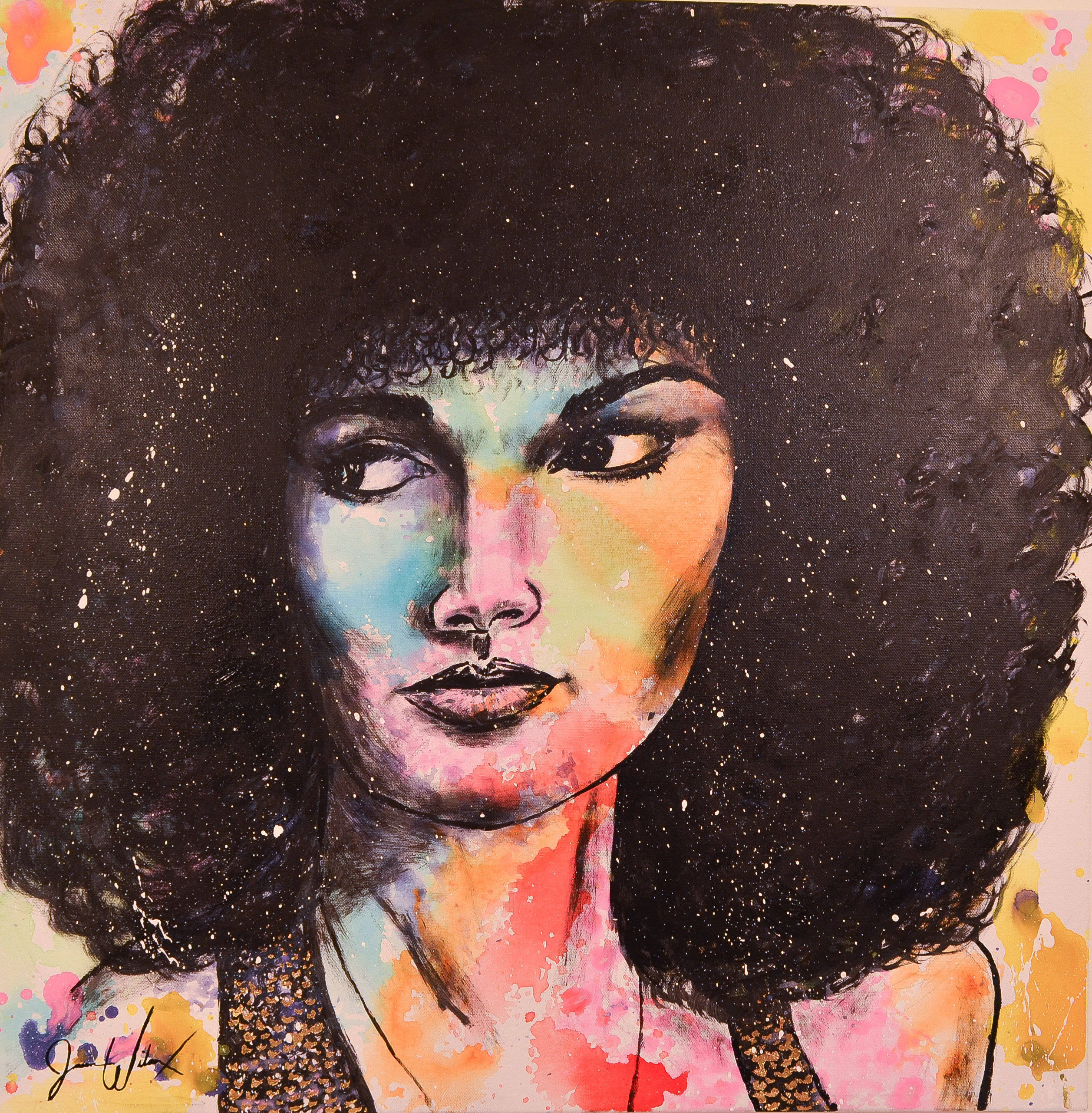 Mary Elizabeth Mastrantonio, watercolor portrait, large afro, 2K Phone Wallpaper