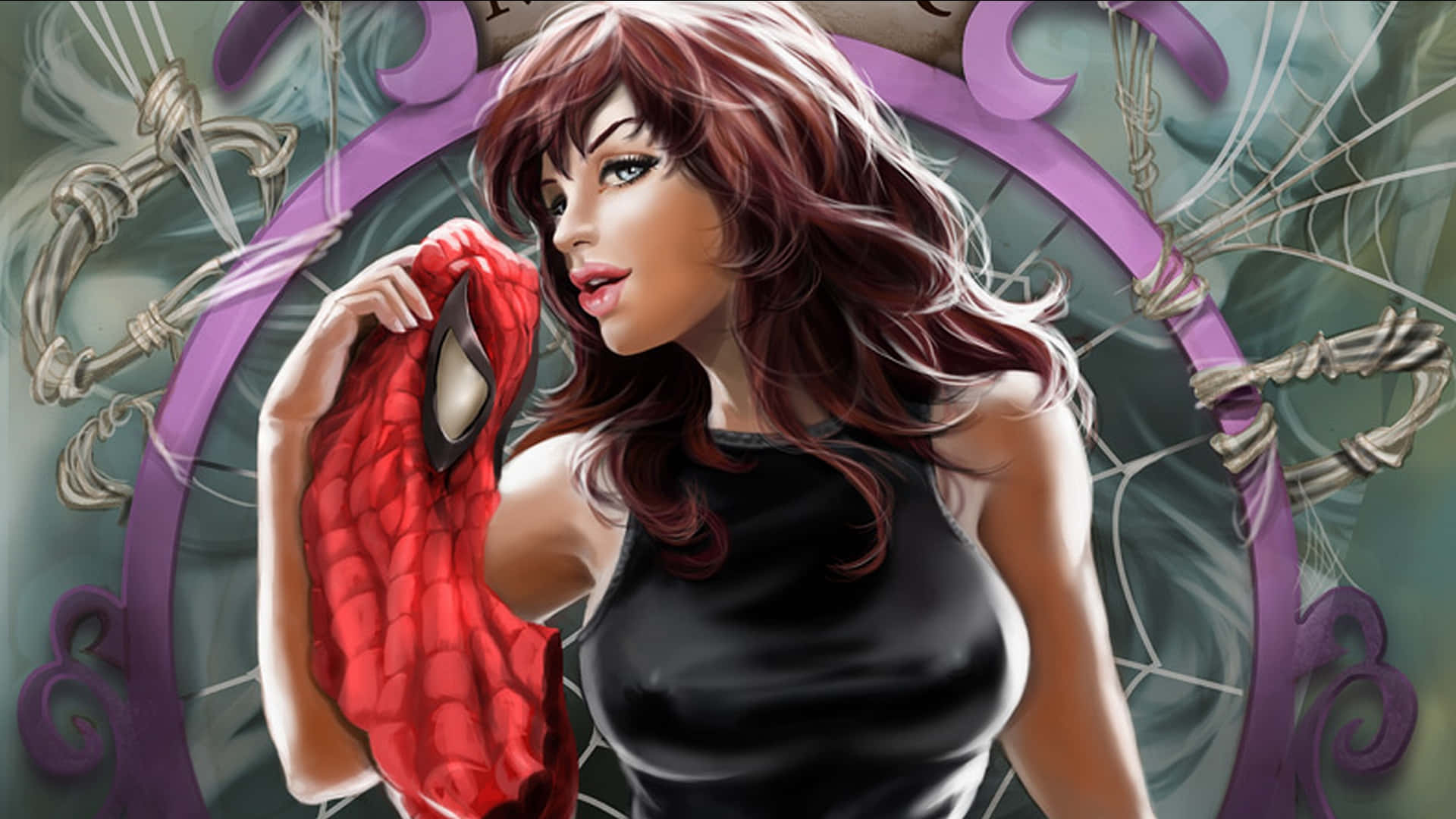 Mary Jane, red spider-themed mask, purple ornate background, Full HD Desktop Wallpaper