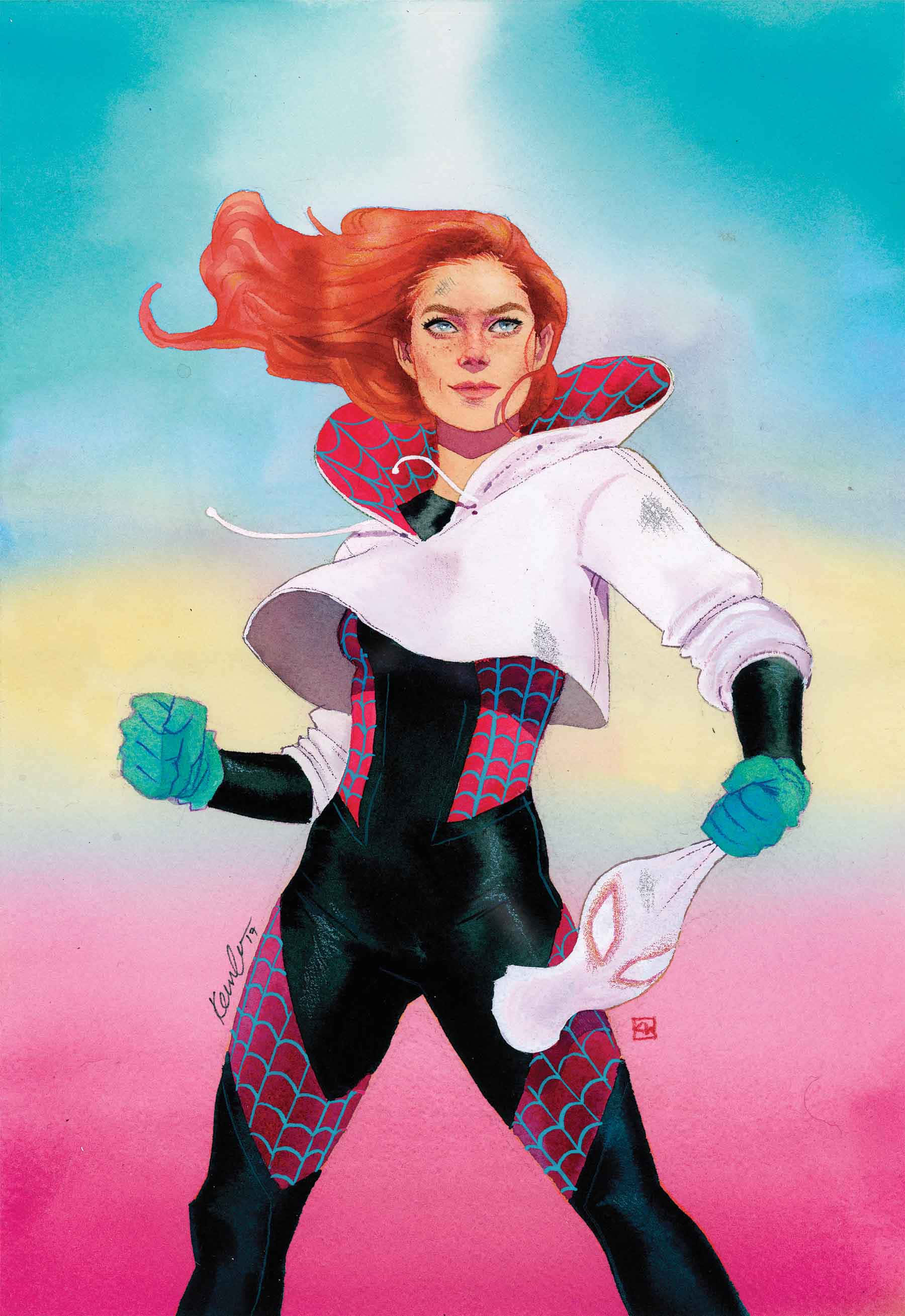 Mary Jane, red hair, white hooded suit, 2K Phone Wallpaper