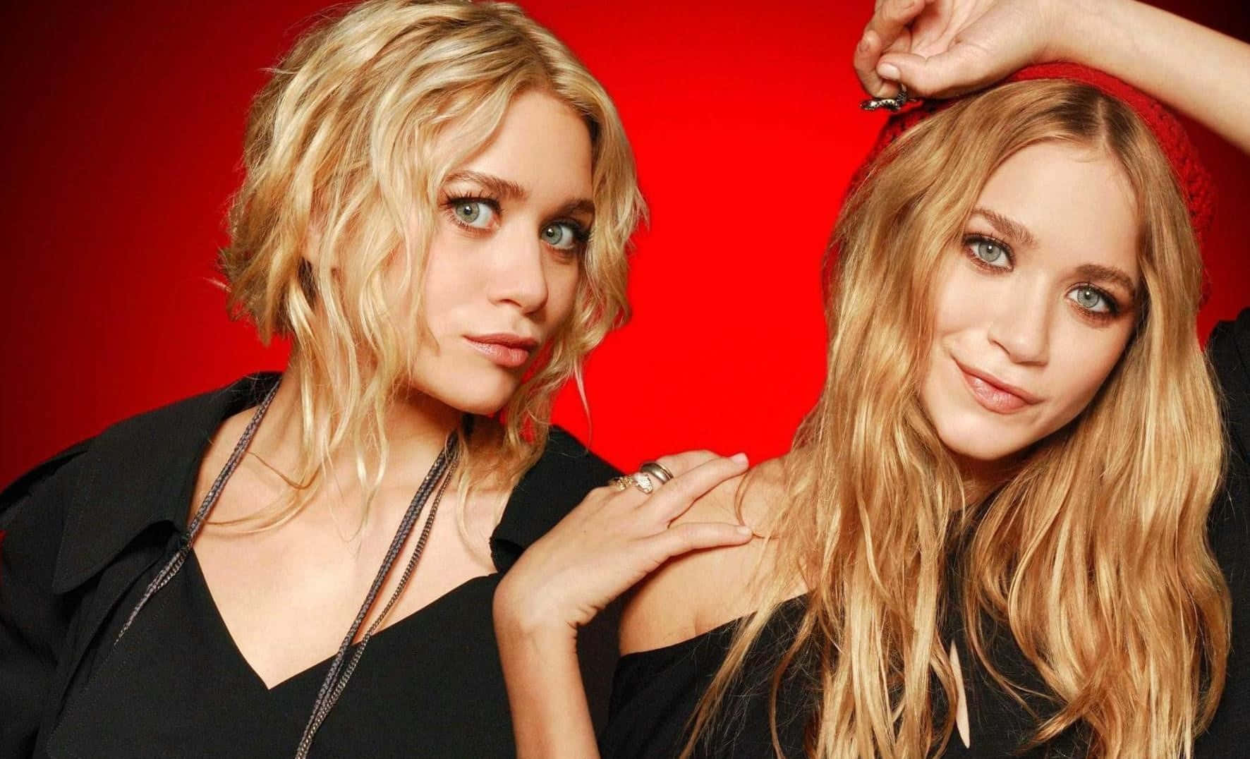 Mary-Kate Olsen, black outfits, vivid red background, HD Desktop Wallpaper