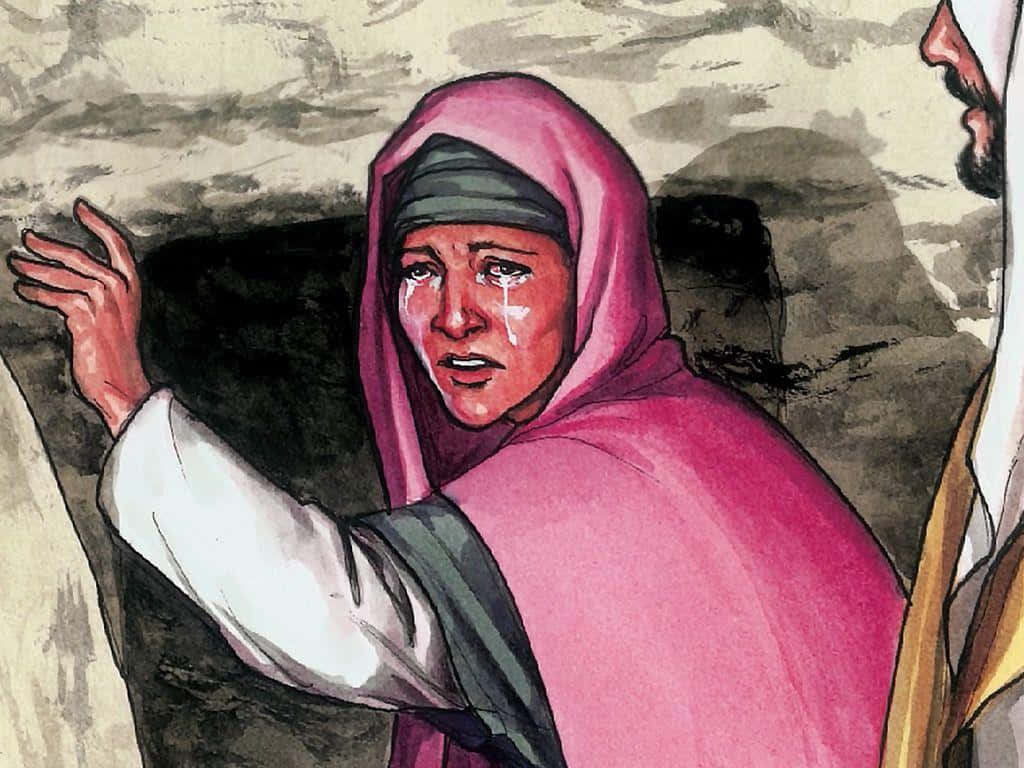 Mary Magdalene, pink headscarf, tears streaming down her face, SD Desktop Wallpaper