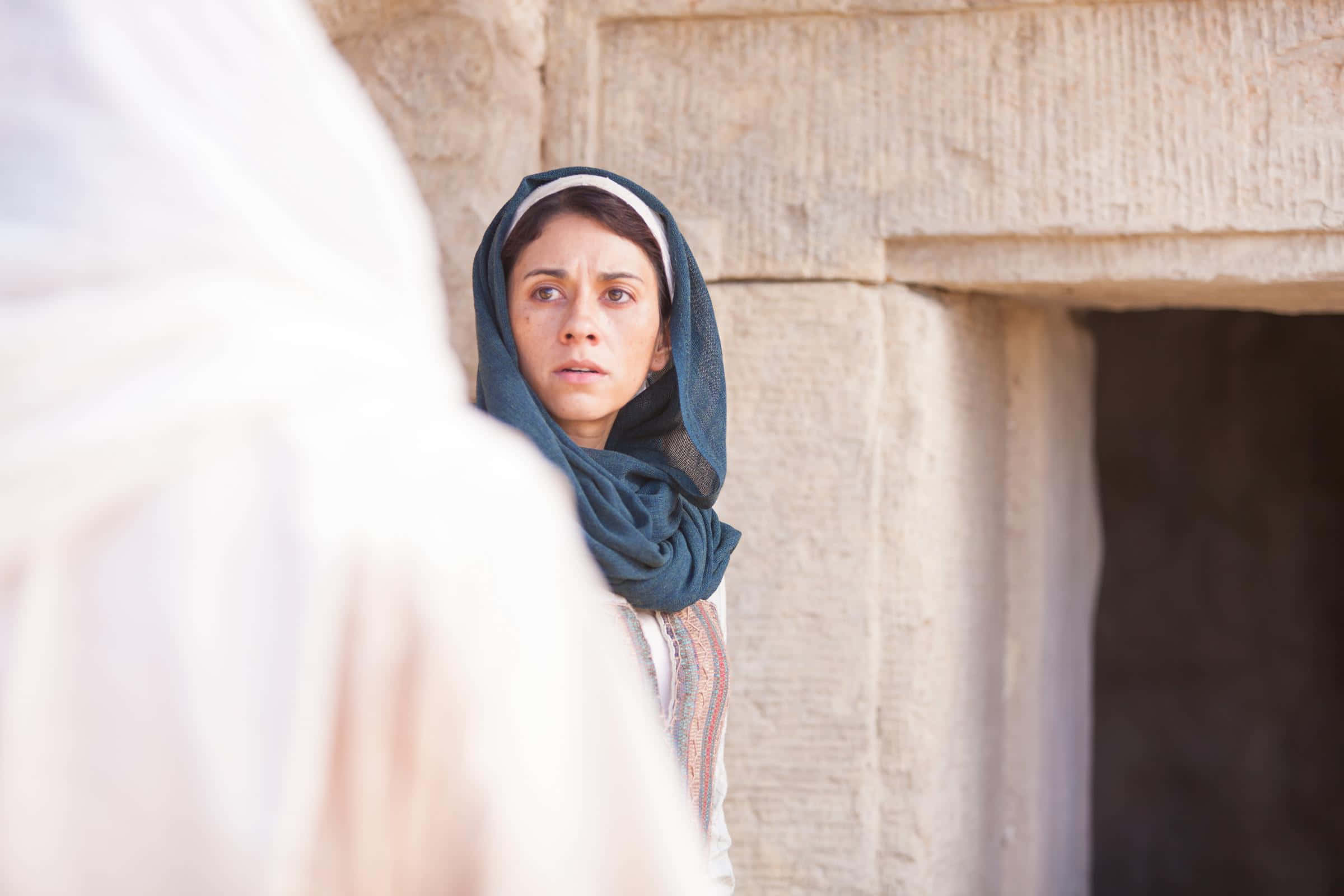 Mary Magdalene, blue headscarf, ancient stone ruins, Full HD Desktop Wallpaper