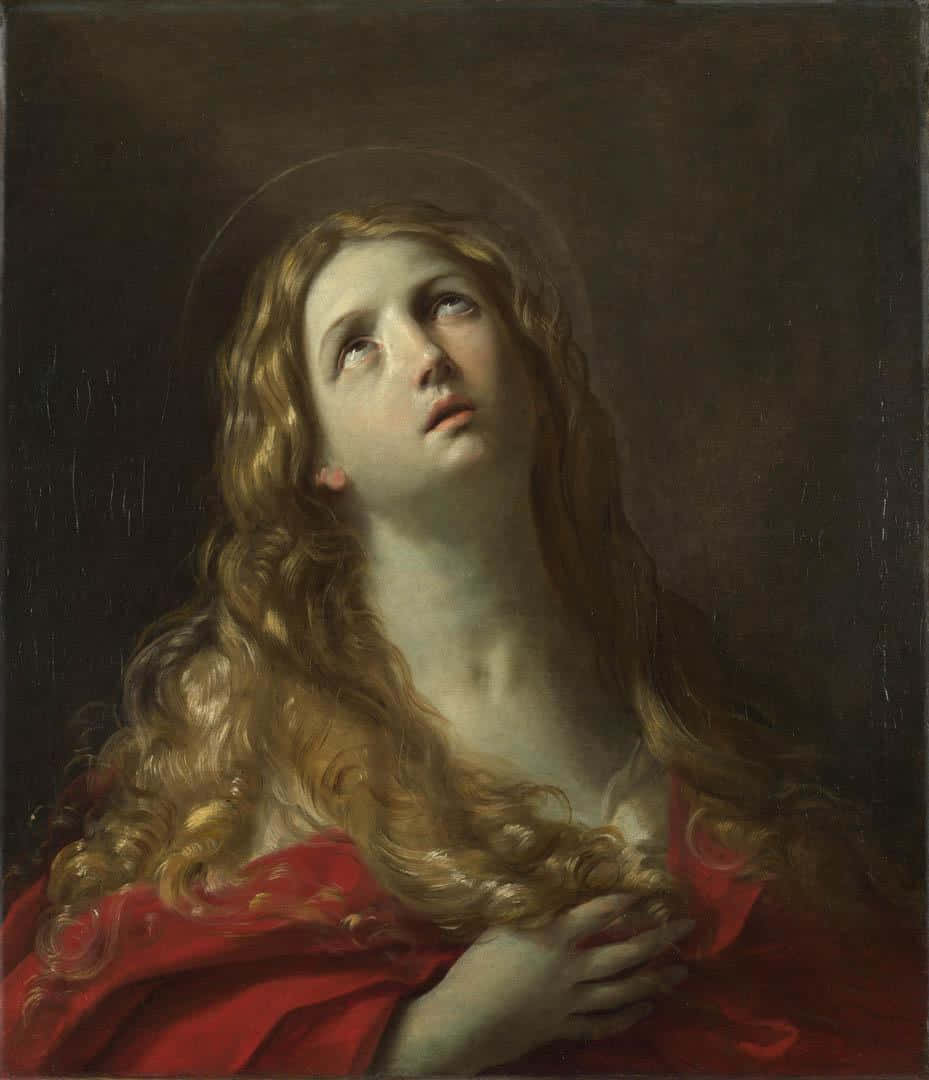 Mary Magdalene, golden curls, red robe, SD Phone Wallpaper