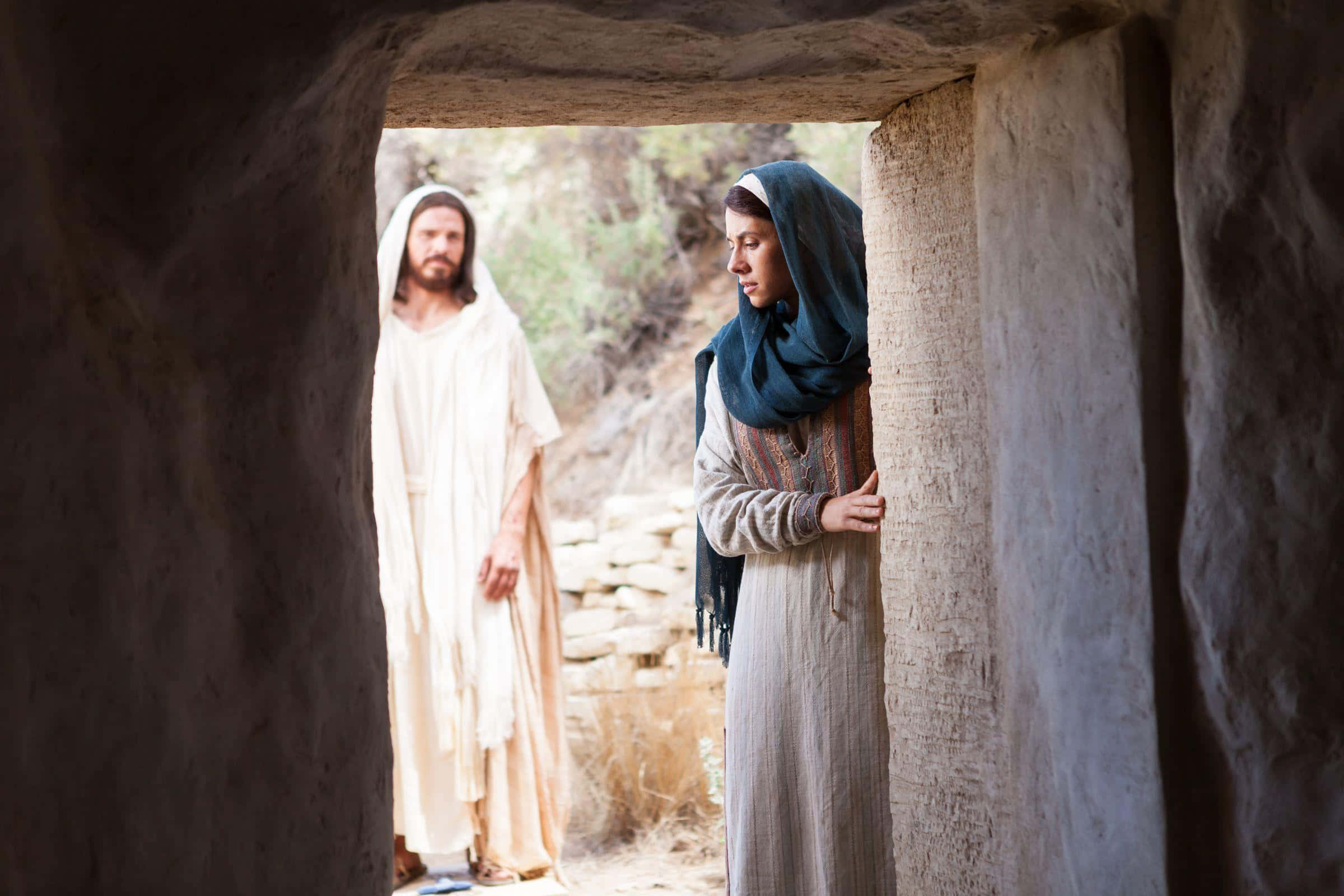Mary Magdalene, white robes, stone doorway, Full HD Desktop Wallpaper