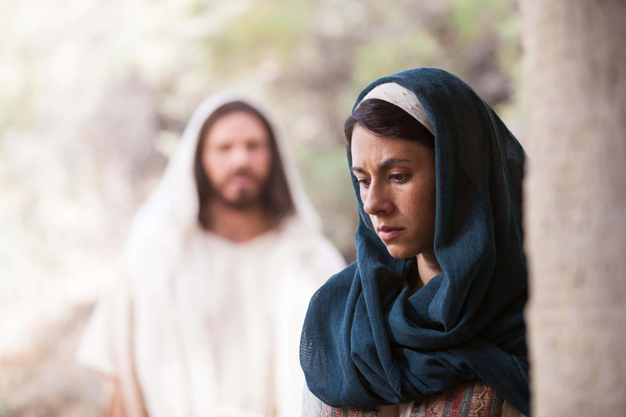 Mary Magdalene, dark blue headscarf, tree, Full HD Desktop Wallpaper