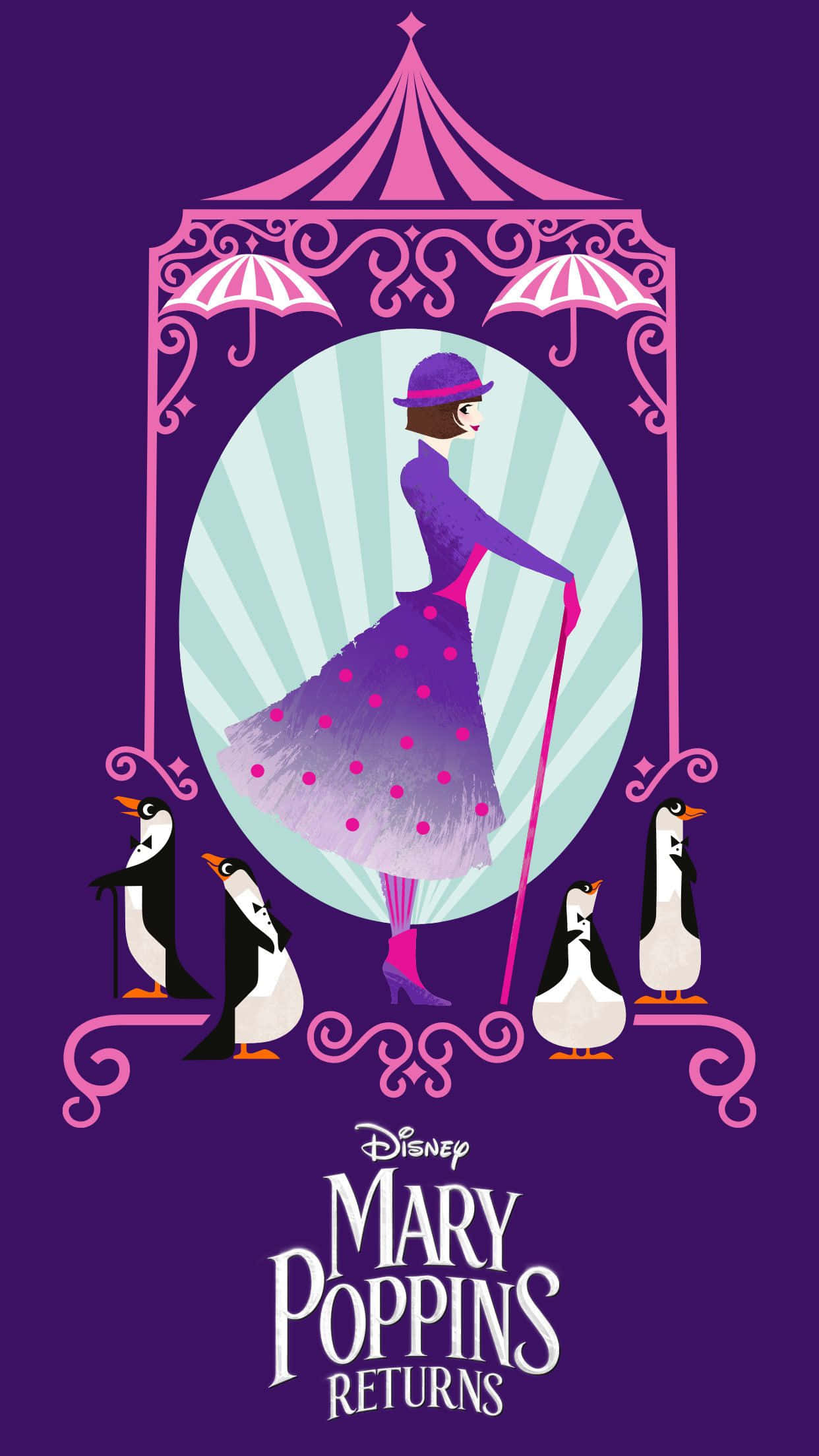 Mary Poppins, purple polka-dot dress, cane, Full HD Phone Wallpaper