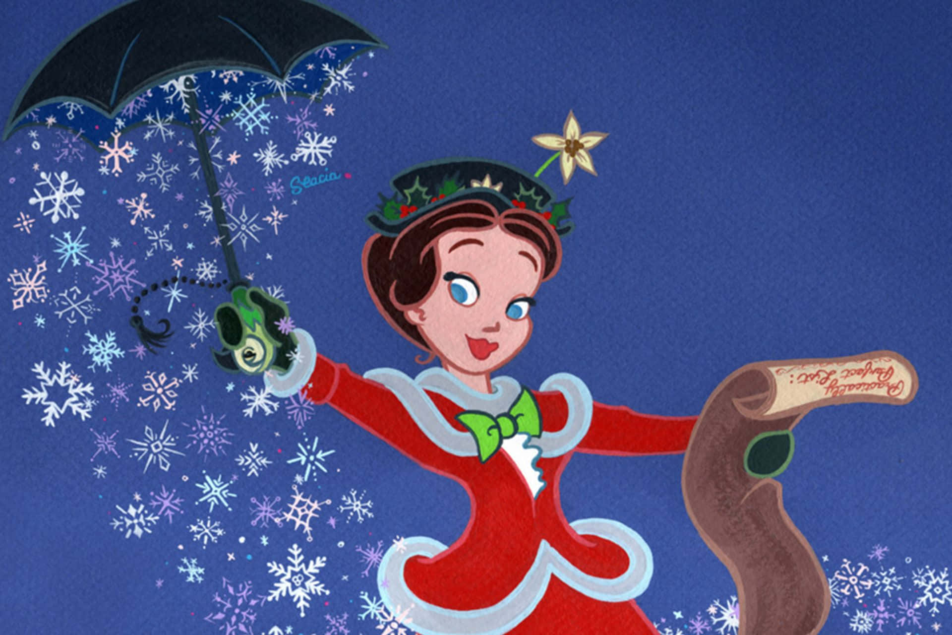 Mary Poppins, red holiday dress, umbrella, Full HD Desktop Wallpaper