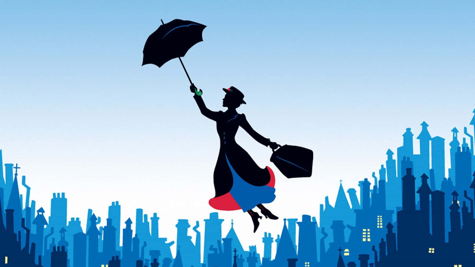 Mary Poppins, blue cityscape, umbrella, HD Desktop Wallpaper