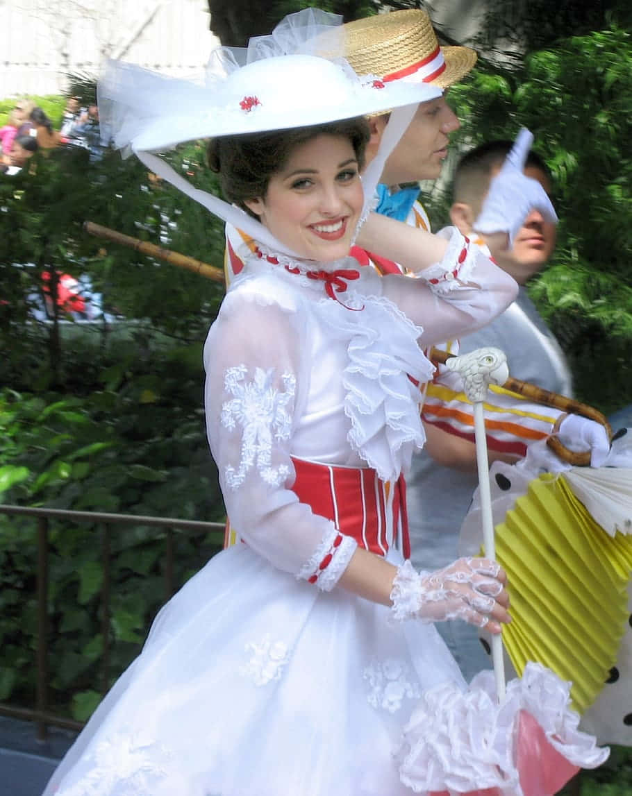 Mary Poppins Returns, white ruffled costume, red accents, SD Phone Wallpaper