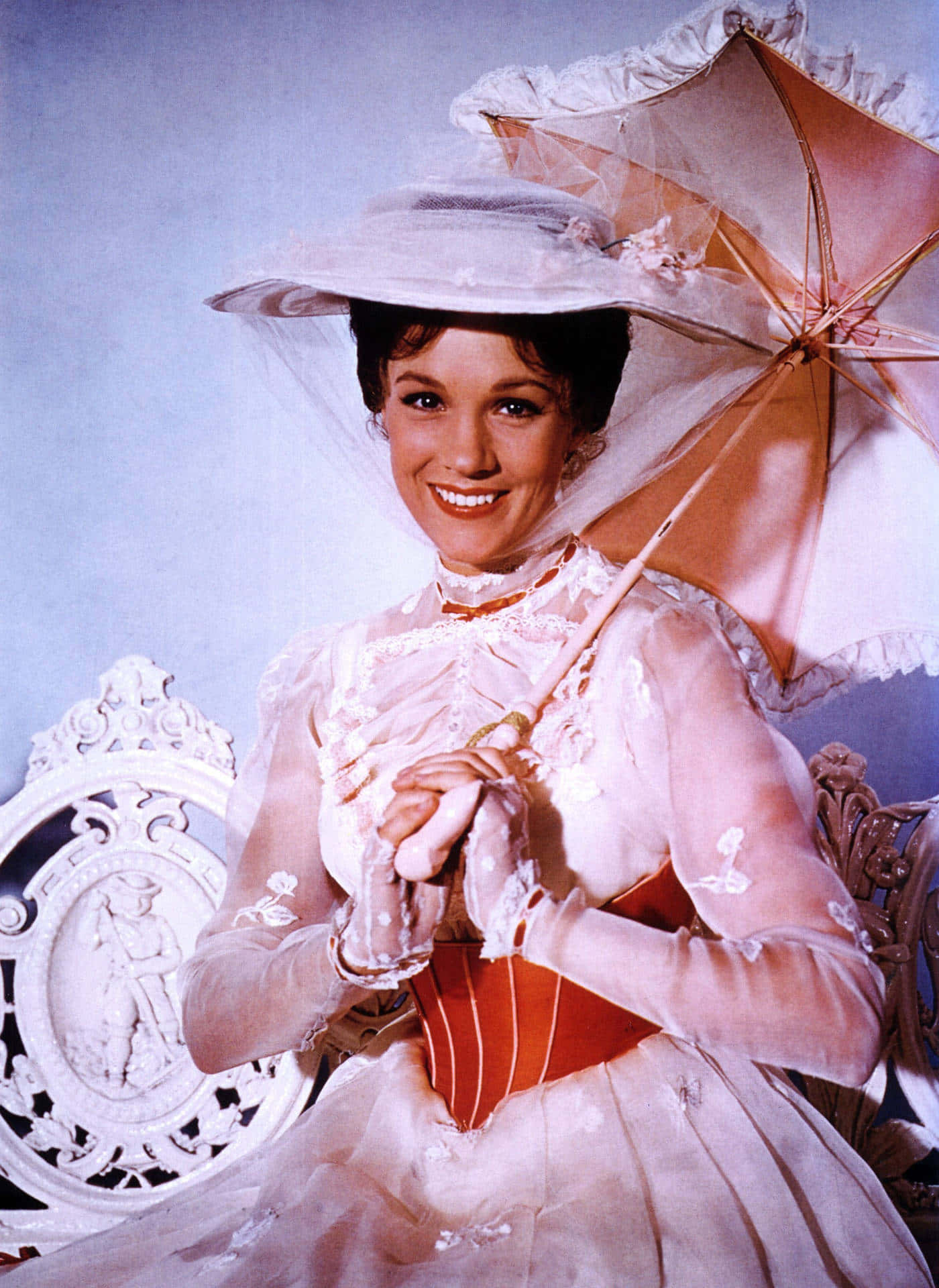 Mary Poppins, vintage pink lace dress, wide-brimmed hat, Full HD Phone Wallpaper