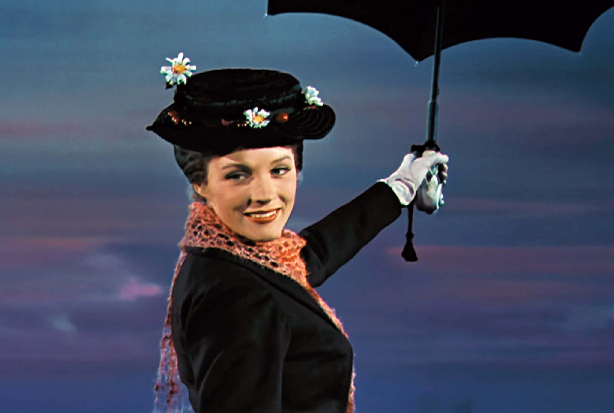 Mary Poppins, black umbrella, twilight sky, Full HD Desktop Wallpaper