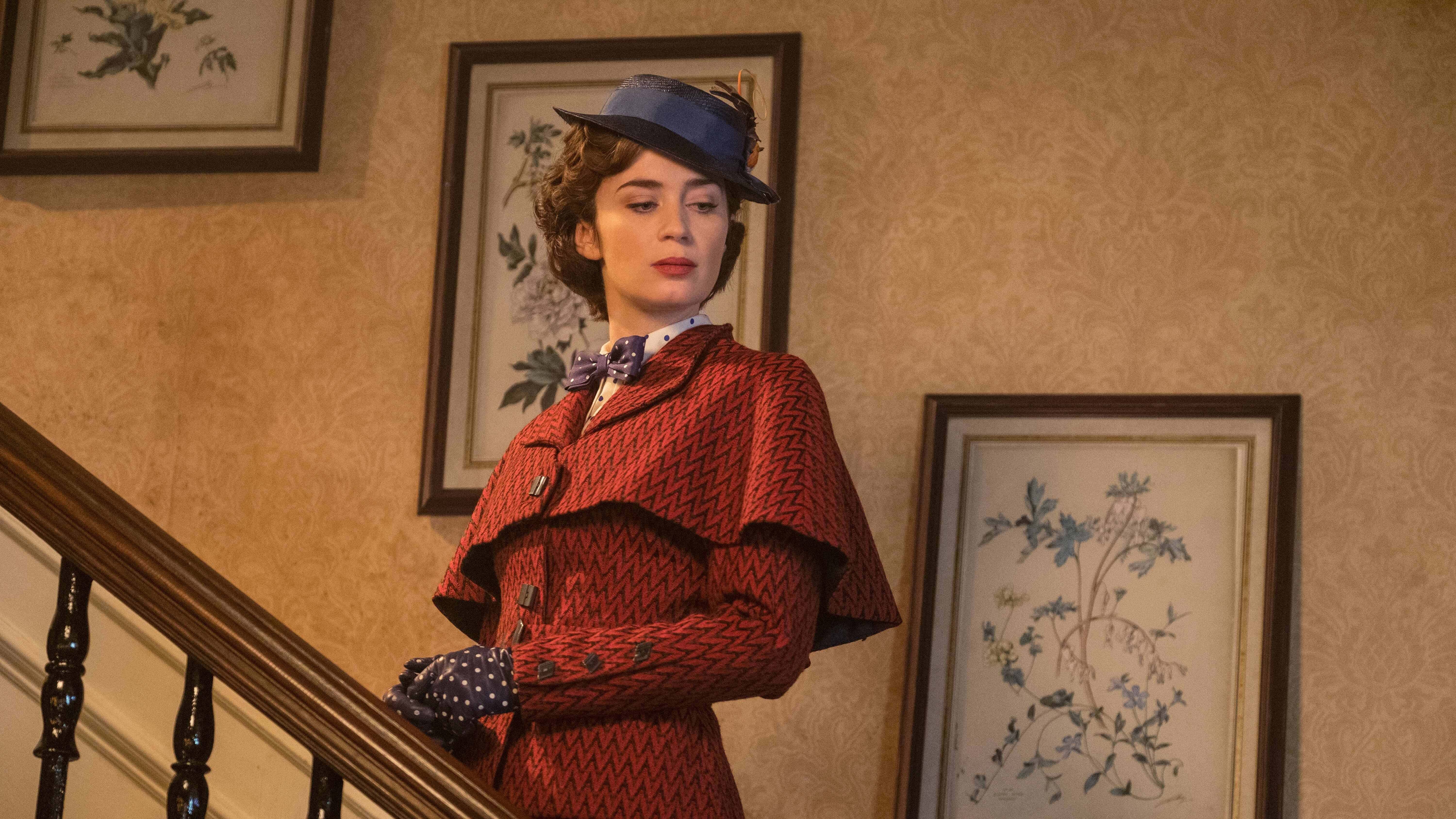 Mary Poppins Returns, staircase pose, red herringbone coat, 5K Desktop Wallpaper