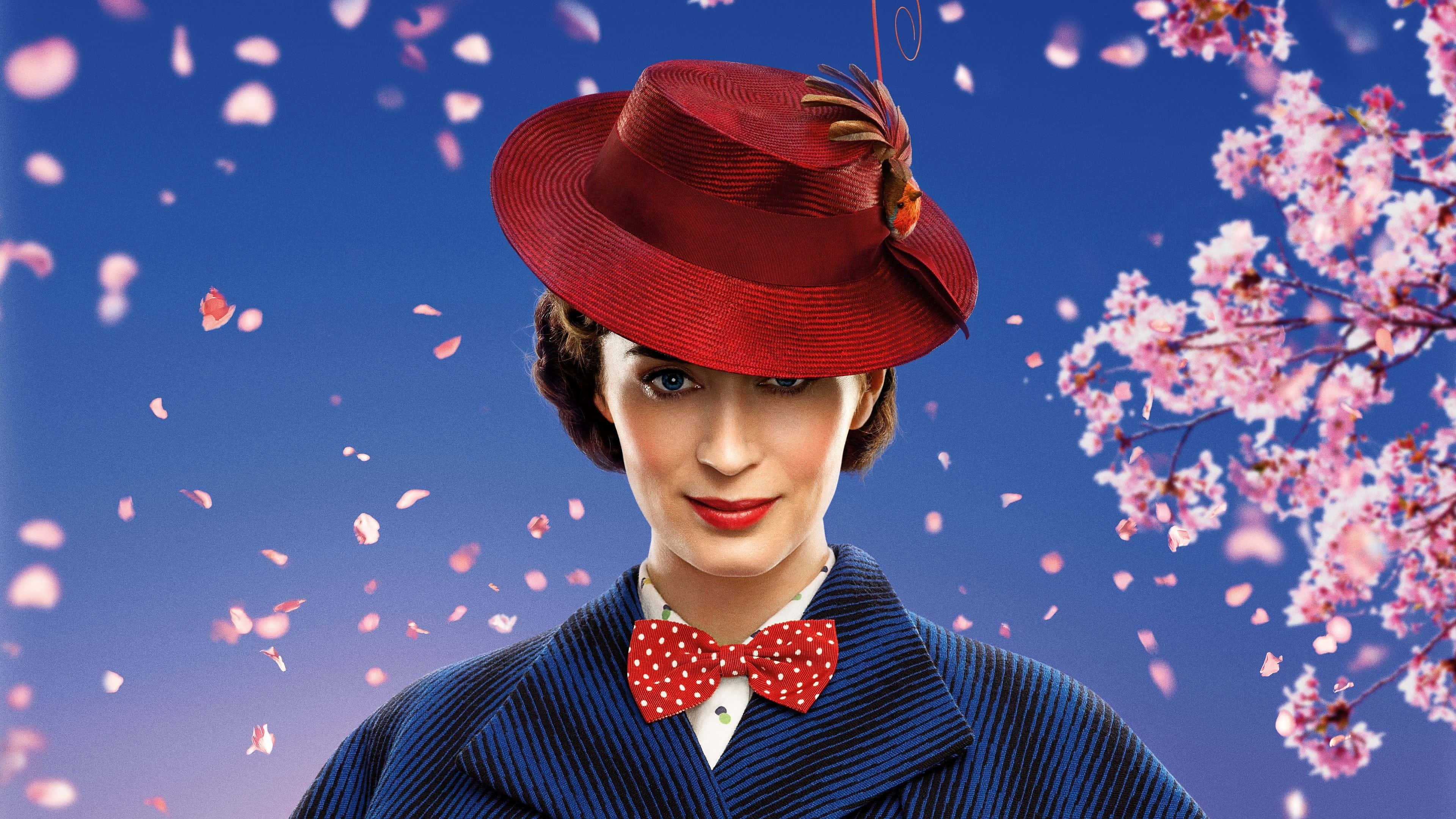 Mary Poppins Returns, red hat, polka dot bow tie, 4K Desktop Wallpaper