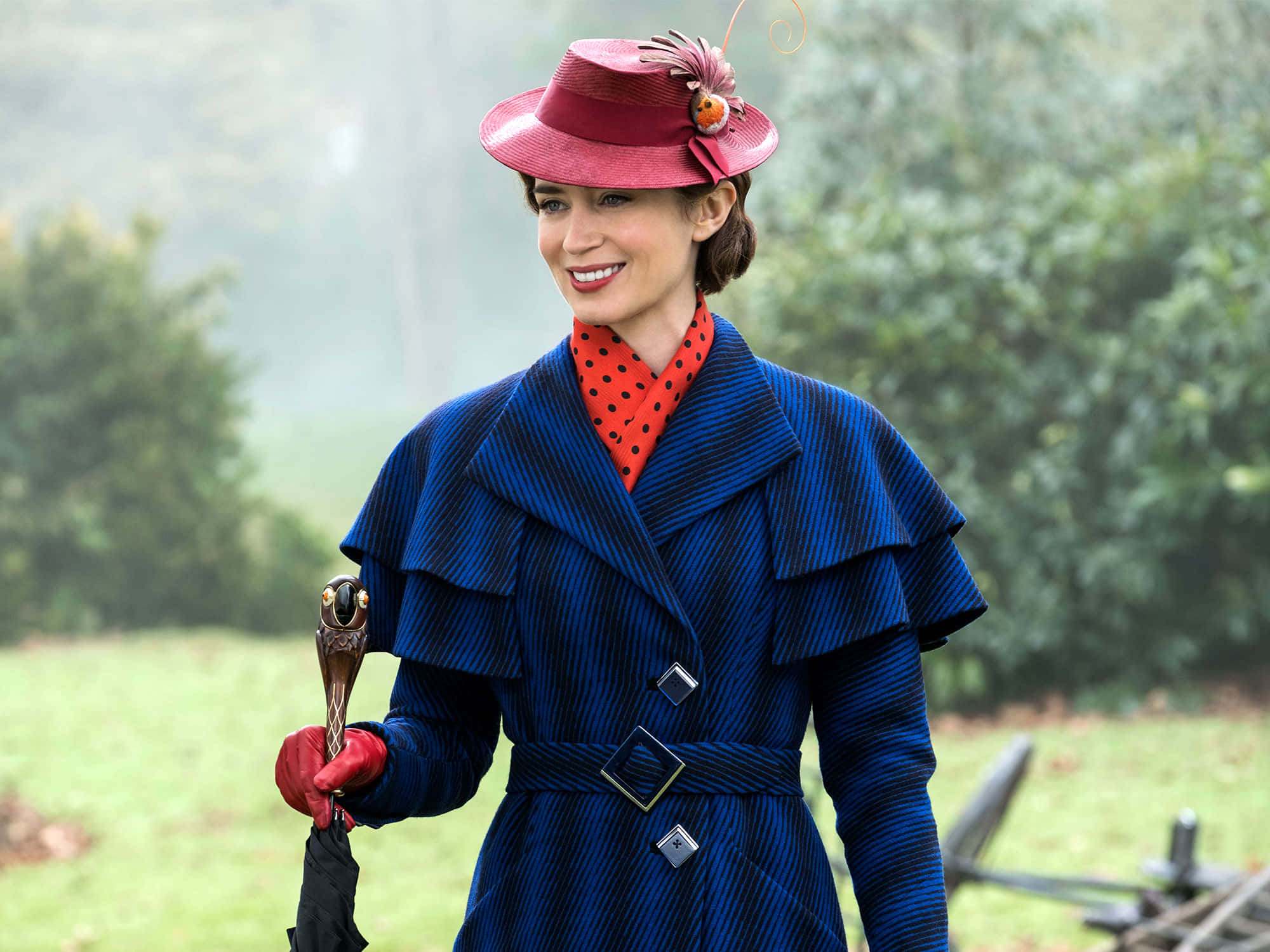Mary Poppins Returns, blue striped coat, red hat, Full HD Desktop Wallpaper